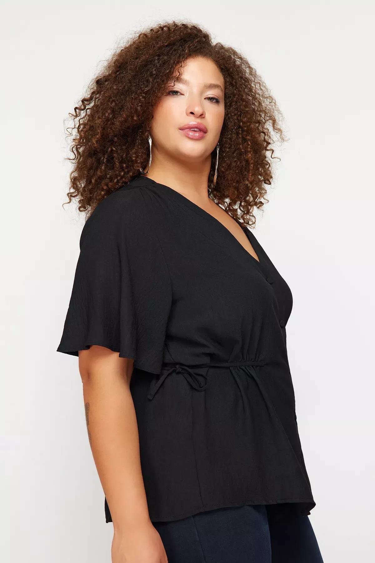 Black V-Neck Plus Size Blouse, Black, large image number 3