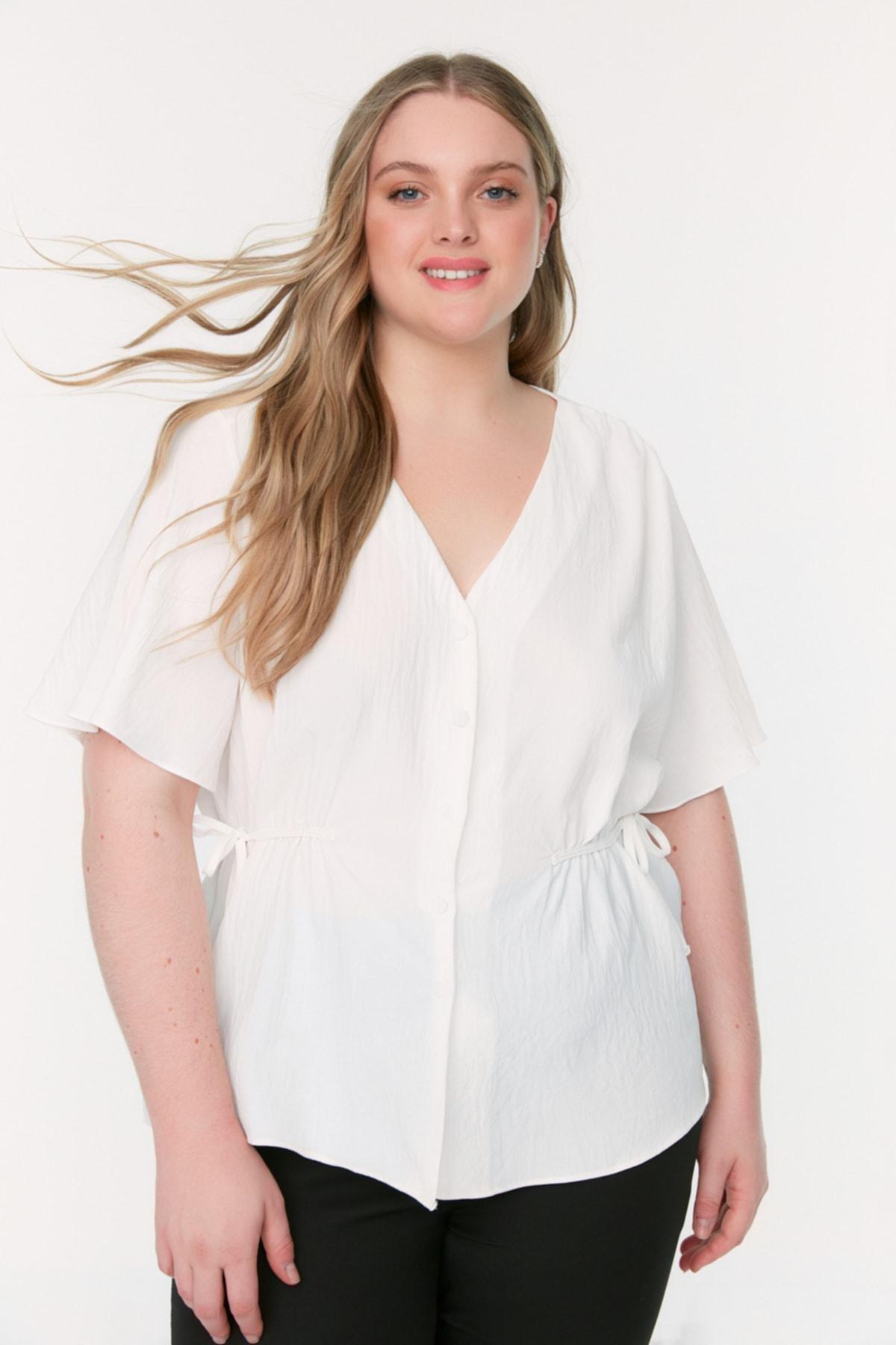 Beige V Neck Plus Size Blouse, , large image number 0