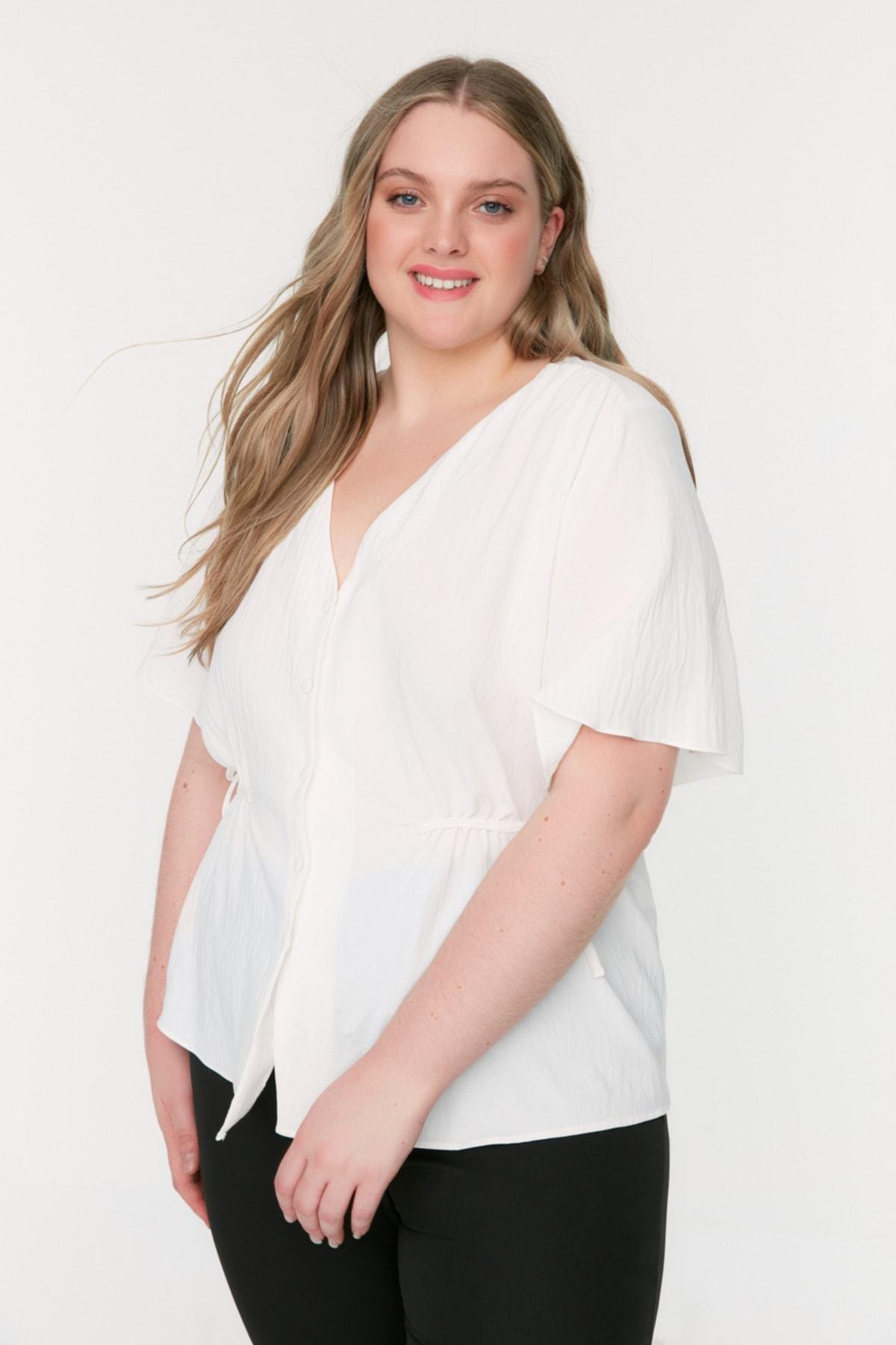 Trendyol - Beige V Neck Plus Size Blouse