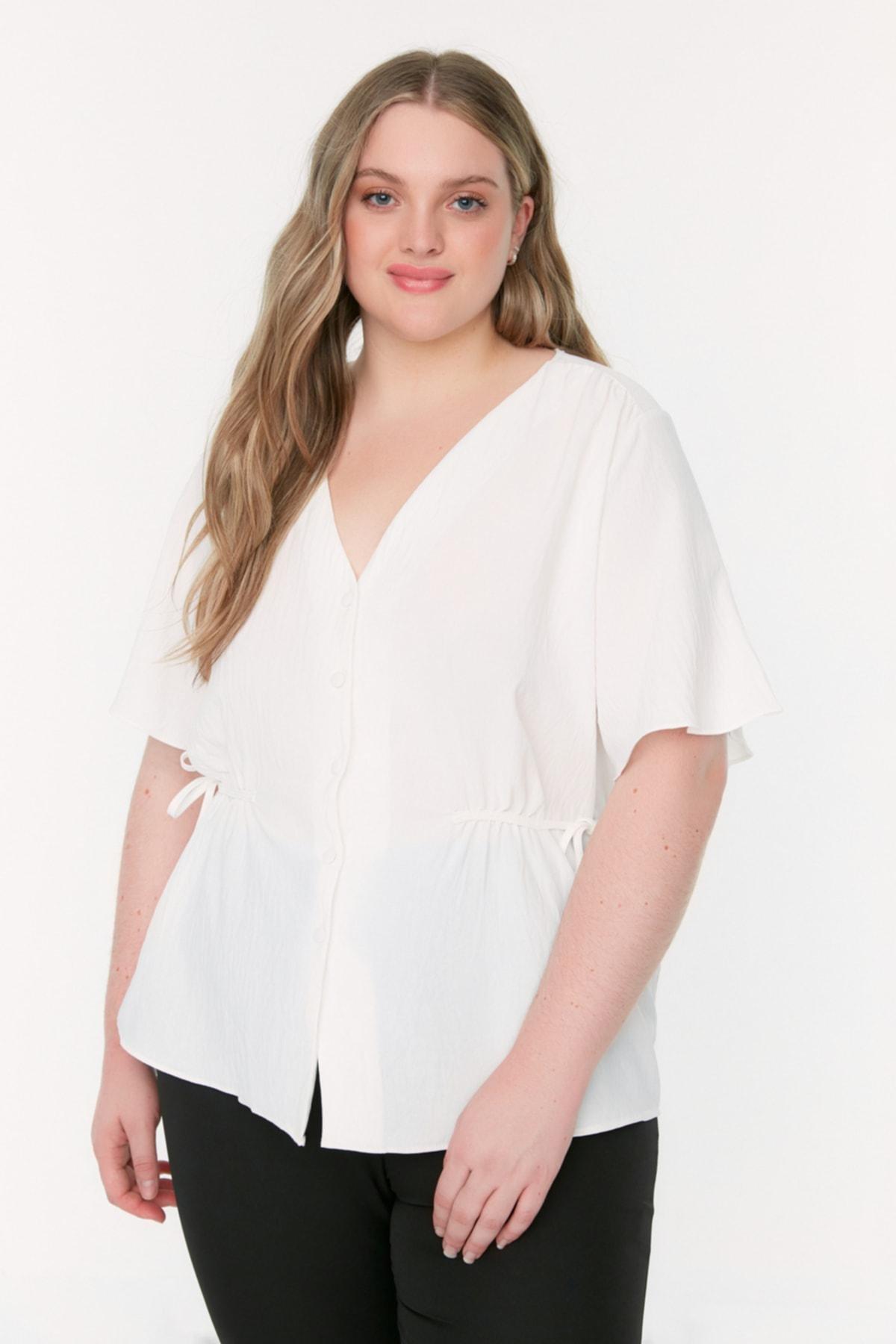Beige V Neck Plus Size Blouse, , large image number 3