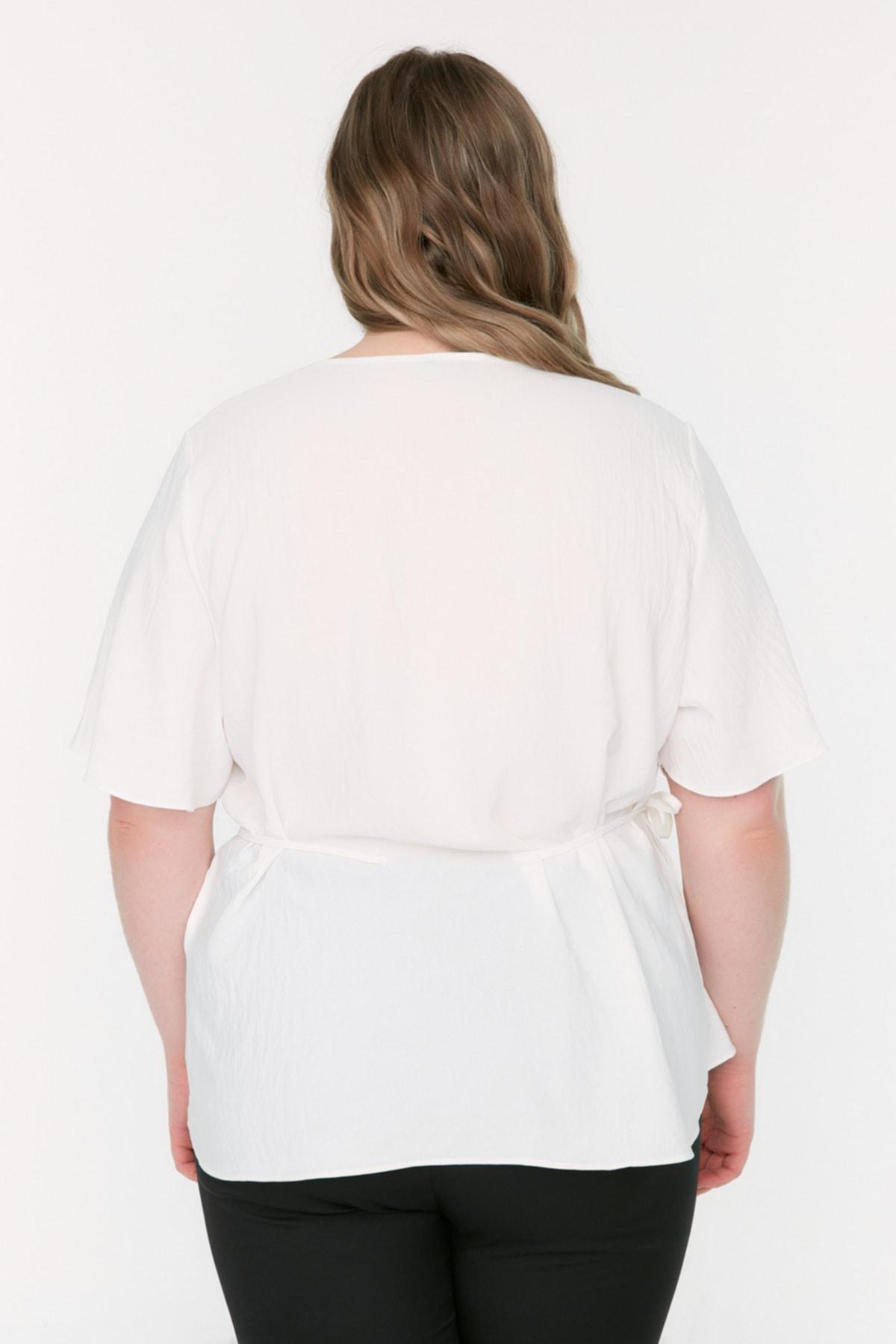 Beige V Neck Plus Size Blouse, Ecru, large image number 4