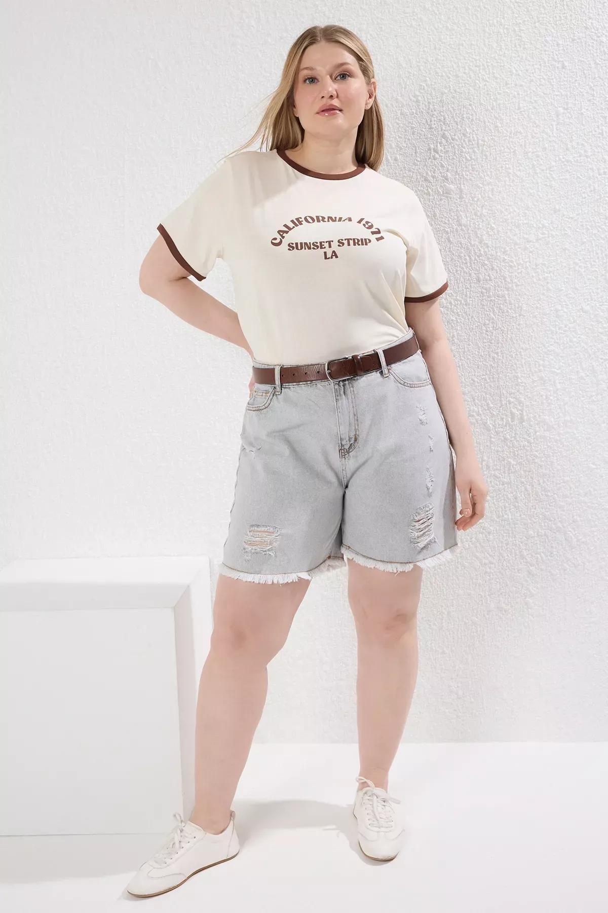 Grey High Waist Destroyed Denim Shorts, , large image number 0