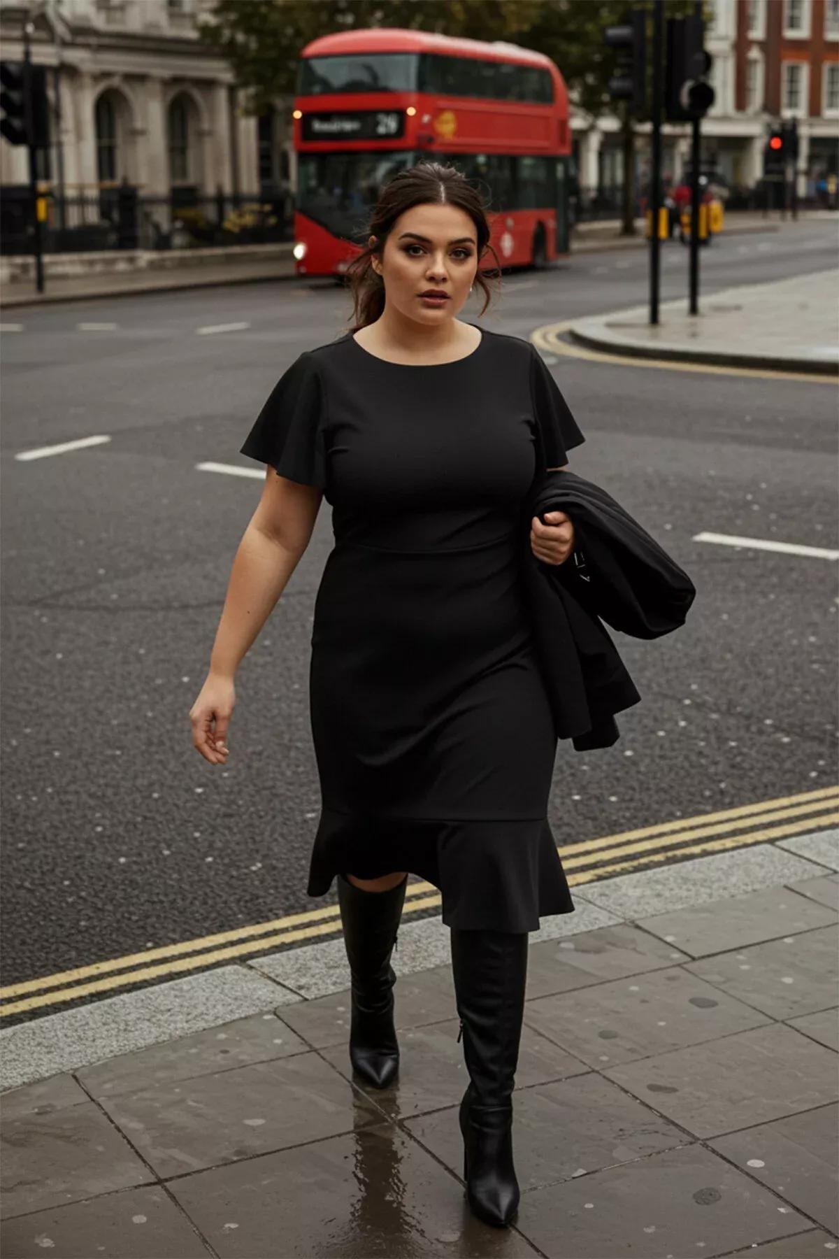 فستان متوسط الطول بقصة ضيقة للمقاسات الكبيرة، أسود, Black, large image number 1