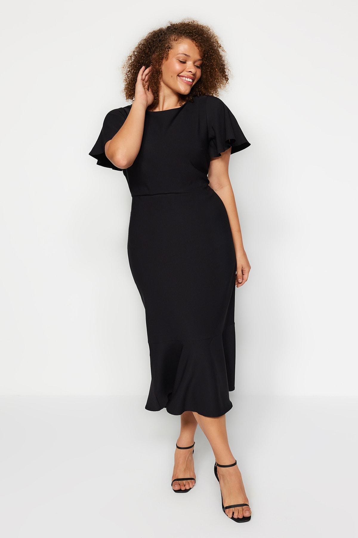 Black Bodycon Plus Size Midi Dress, Black, medium
