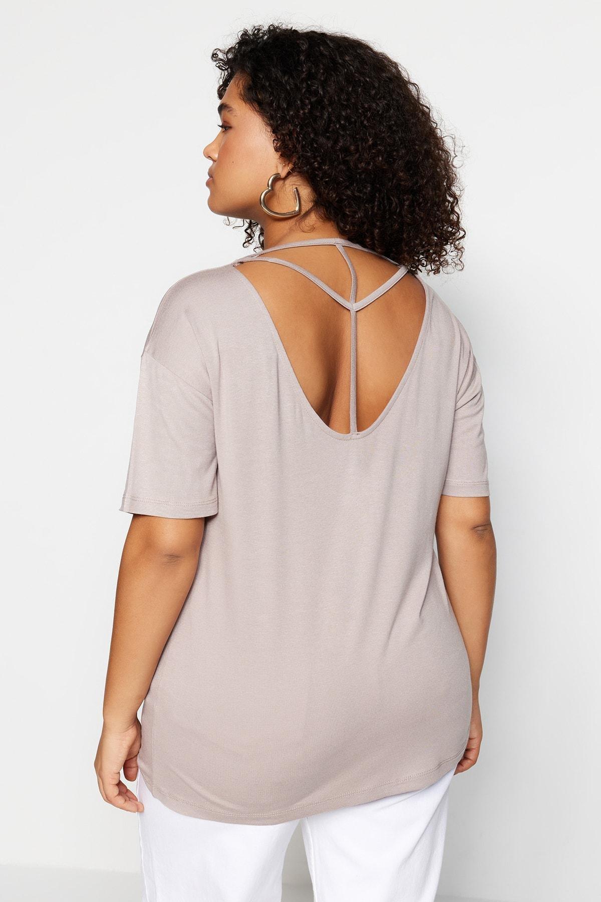 Trendyol - Beige Off-Shoulder Plus Size T-Shirt