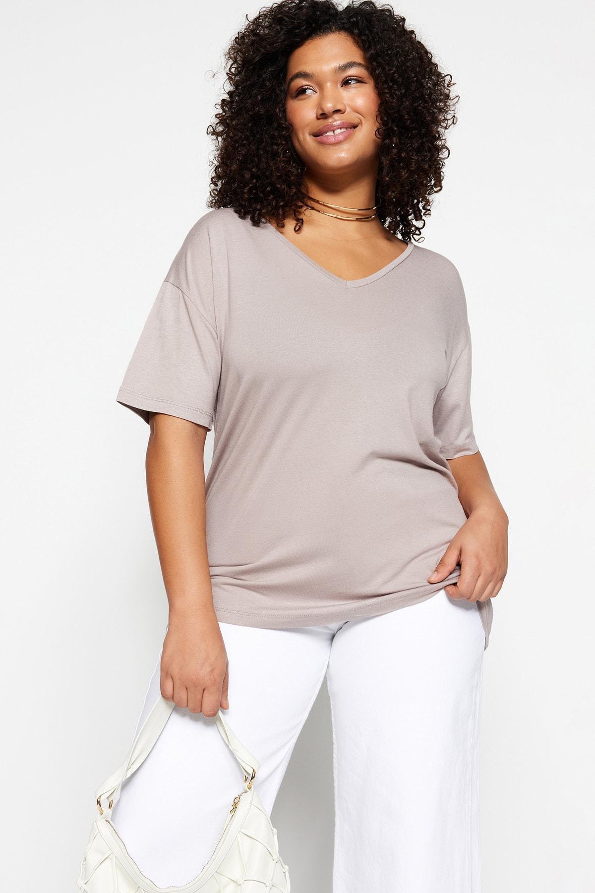 Trendyol - Beige Off-Shoulder Plus Size T-Shirt