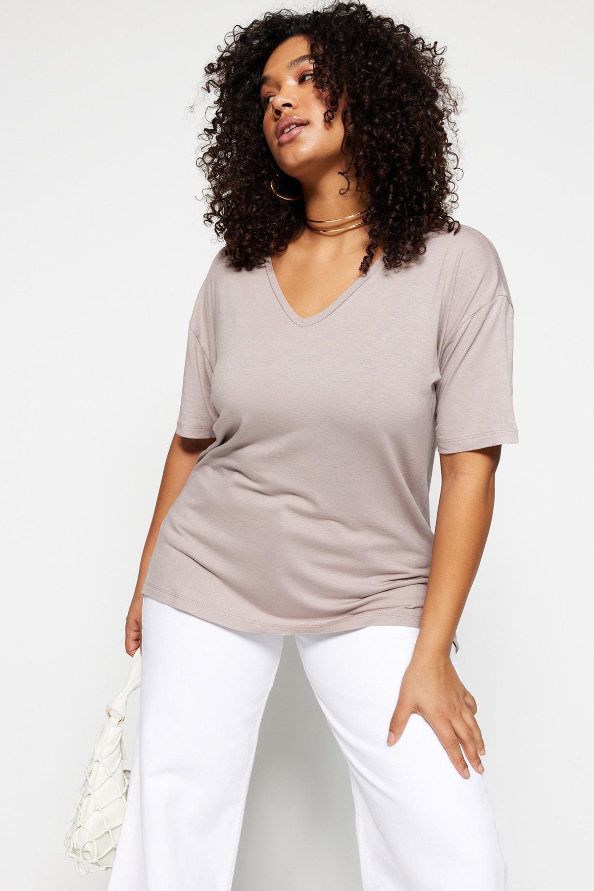 Trendyol - Beige Off-Shoulder Plus Size T-Shirt