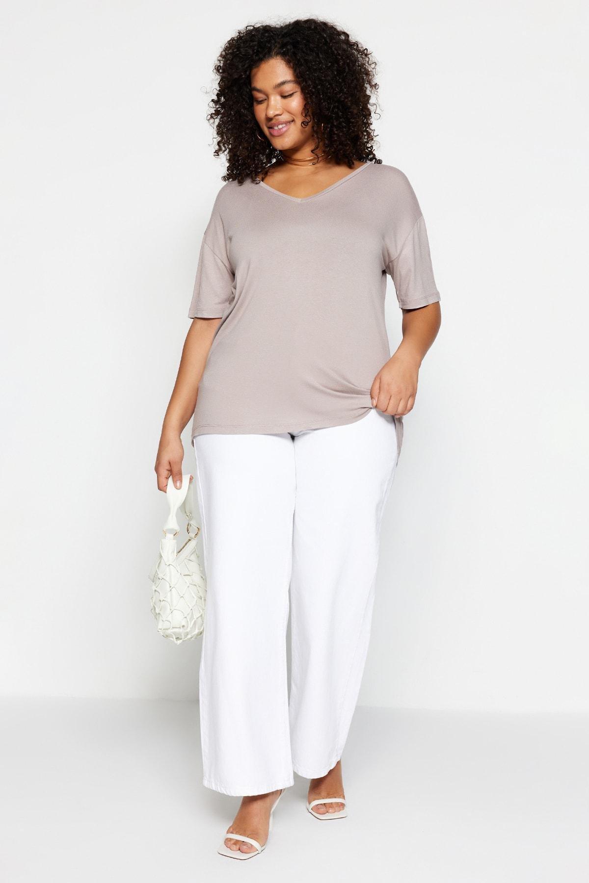 Beige Off-Shoulder Plus Size T-Shirt, , large image number 4