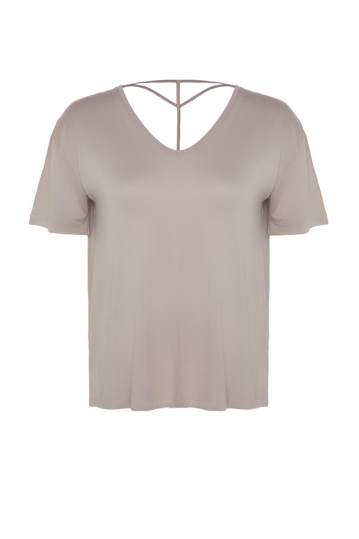 Trendyol - Beige Off-Shoulder Plus Size T-Shirt