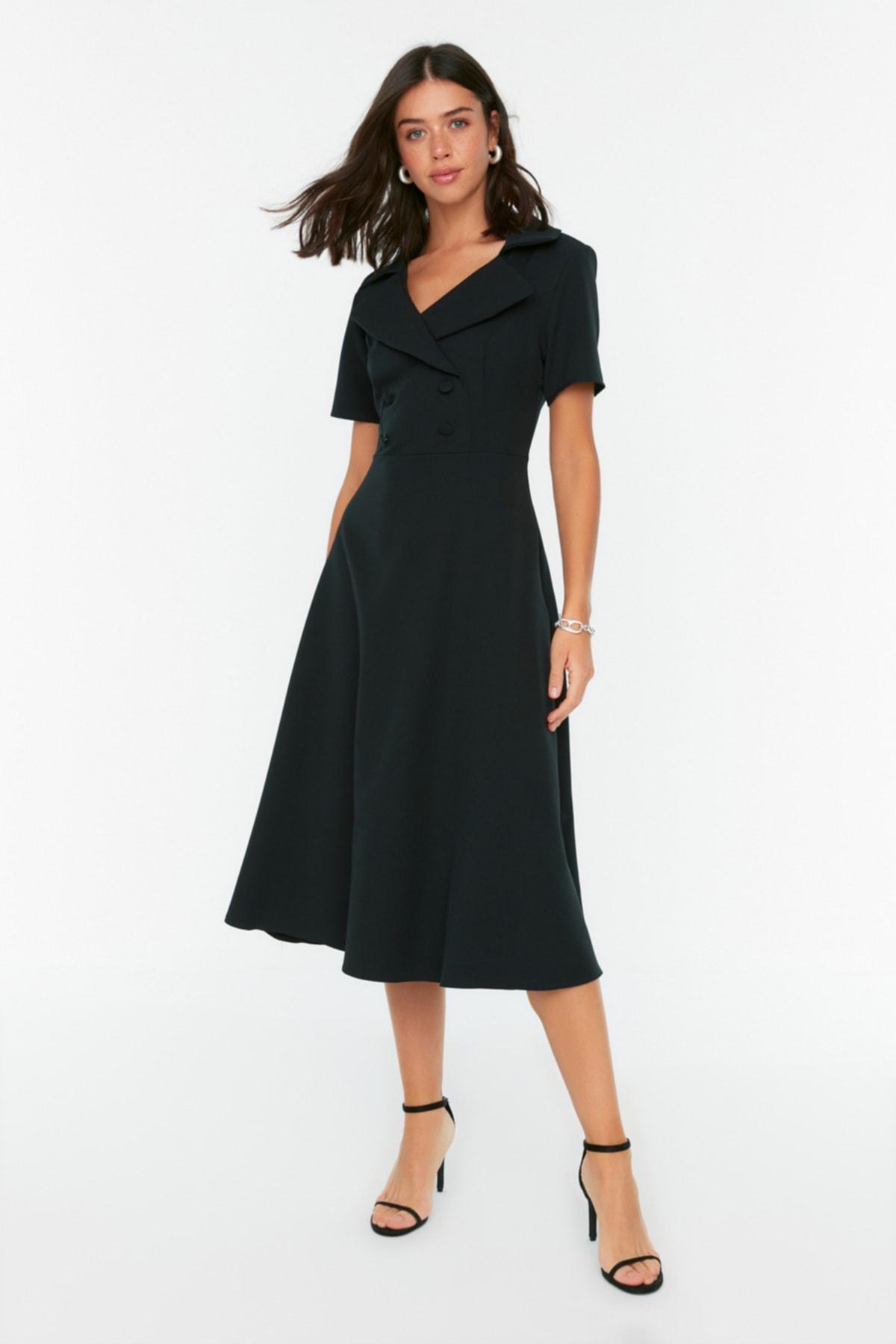 Black Buttoned Woven Dress, Black, large image number 1