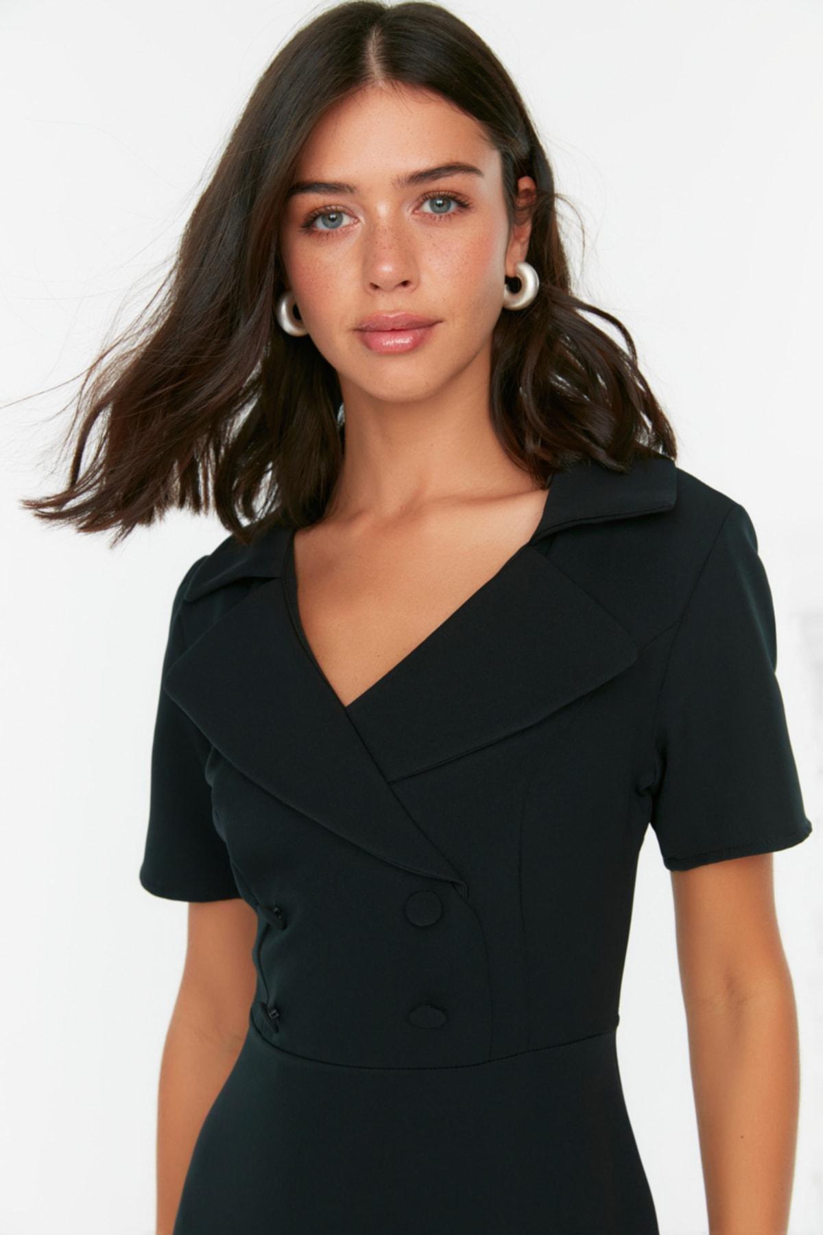Black Buttoned Woven Dress, Black, medium