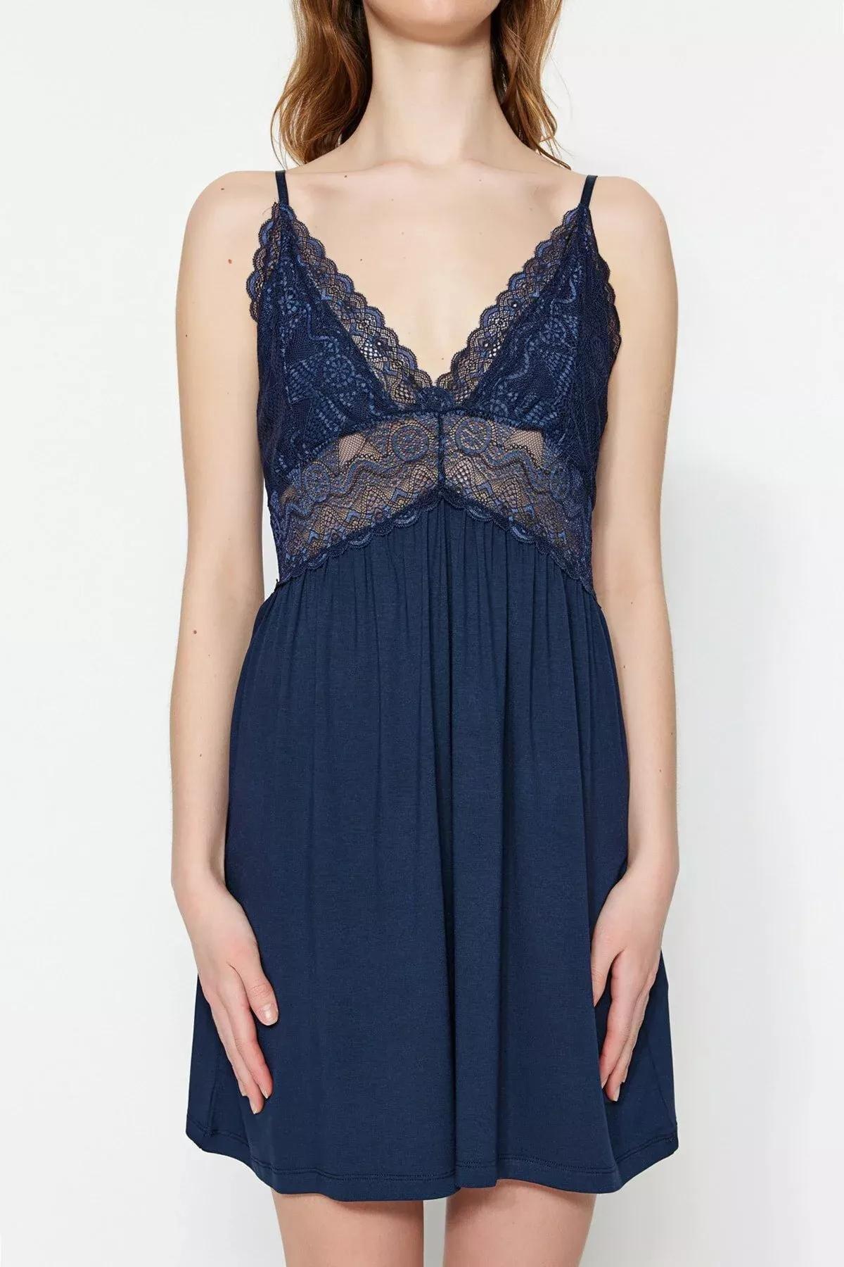 Navy Lace V-Neck Nightgown, Dark blue, large image number 3