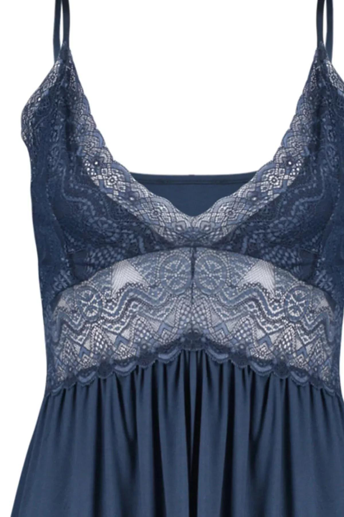 Navy Lace V-Neck Nightgown, Dark blue, large image number 5