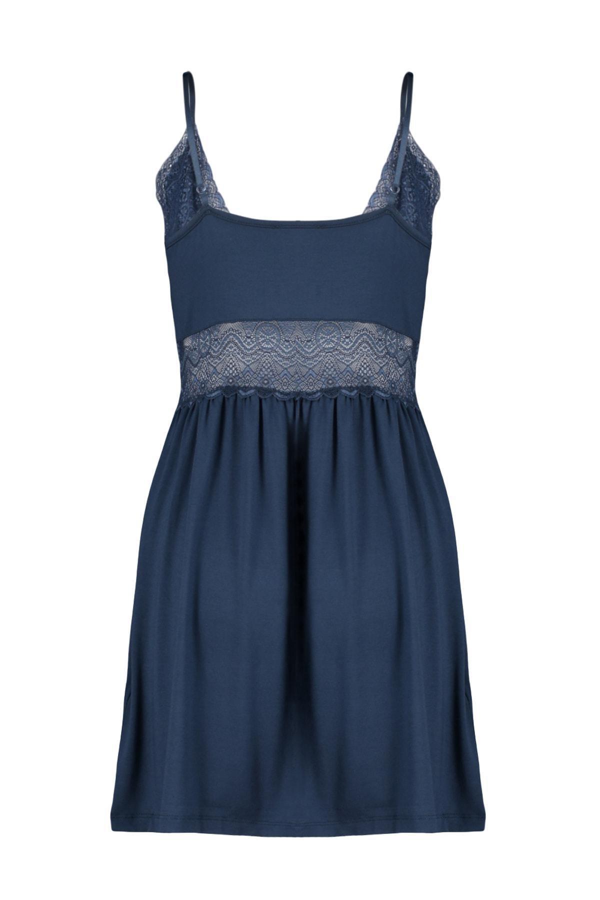 Navy Lace V-Neck Nightgown, Dark blue, large image number 6