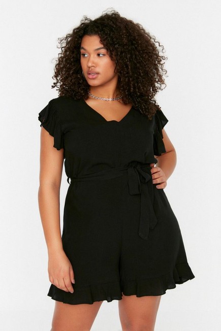 Trendyol - Black V-Neck Plus Size Jumpsuit Co-Ord Set