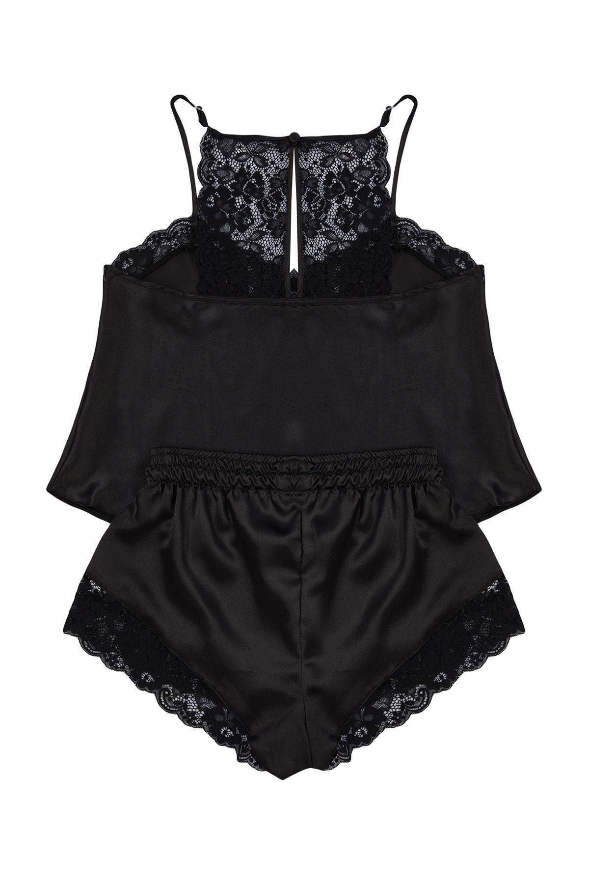 طقم بيجاما ساتان بحمالات رفيعة وتفاصيل دانتيل، أسود, BLACK, large image number 5