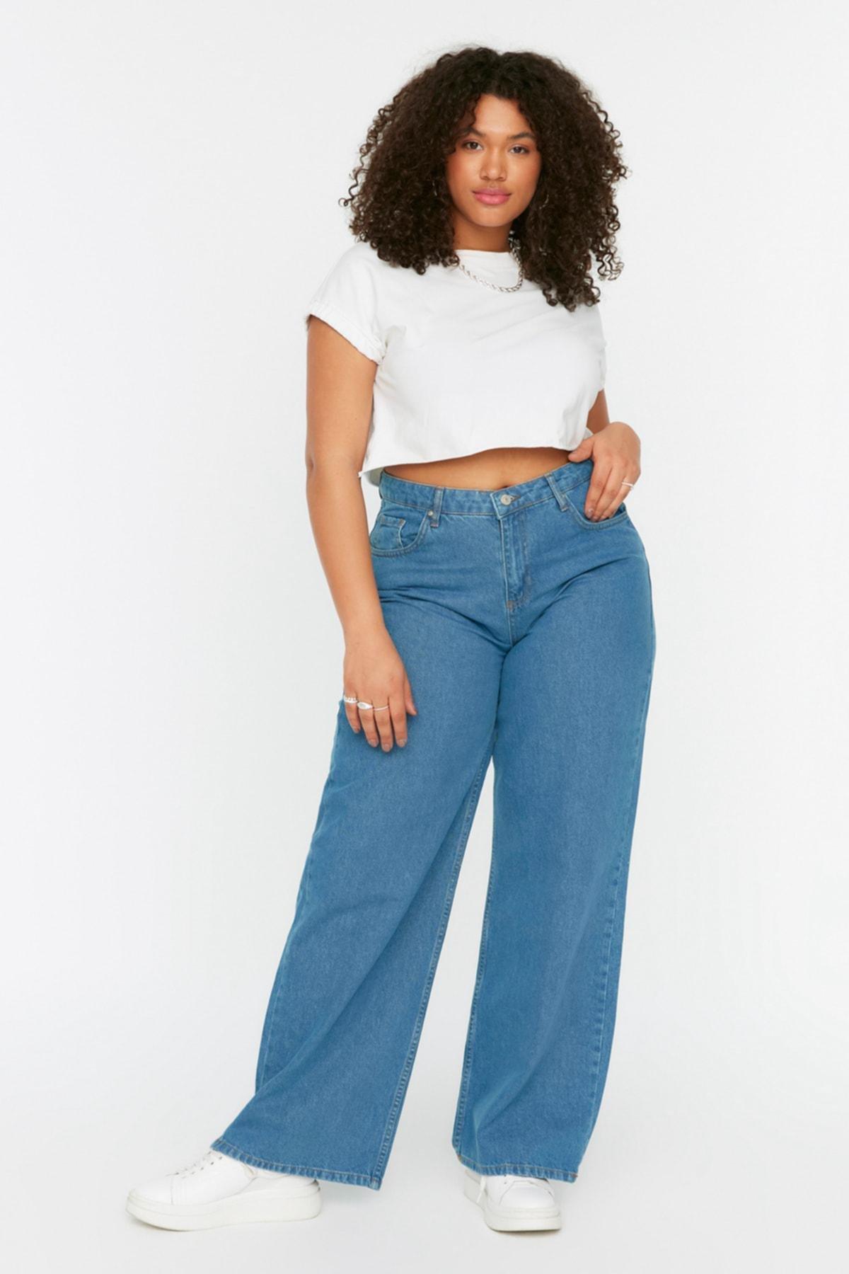 Navy Wide Leg Plus Size Jeans, , large image number 0
