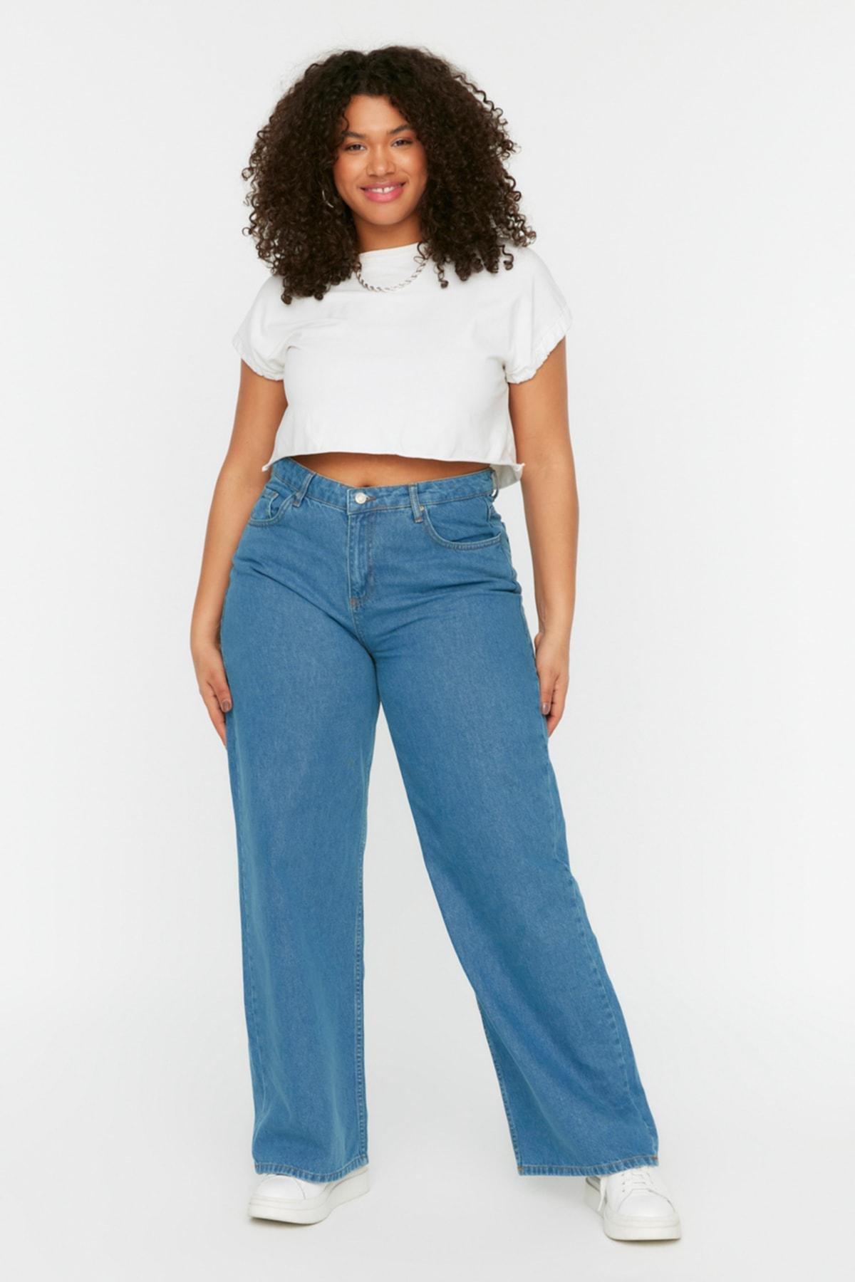 Navy Wide Leg Plus Size Jeans, Dark blue, medium