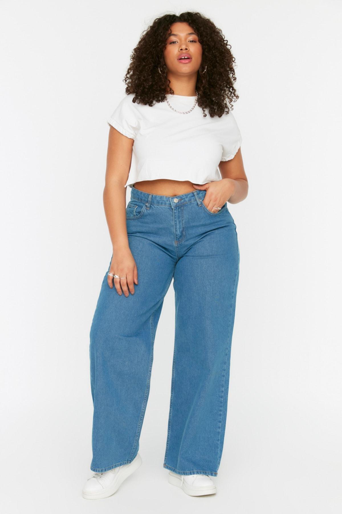 Navy Wide Leg Plus Size Jeans, Dark blue, medium