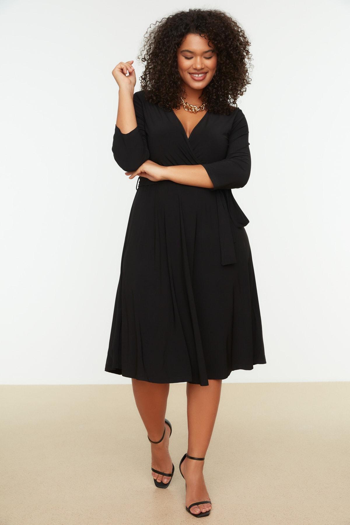 Black A-Line Plus Size Midi Dress, Black, medium