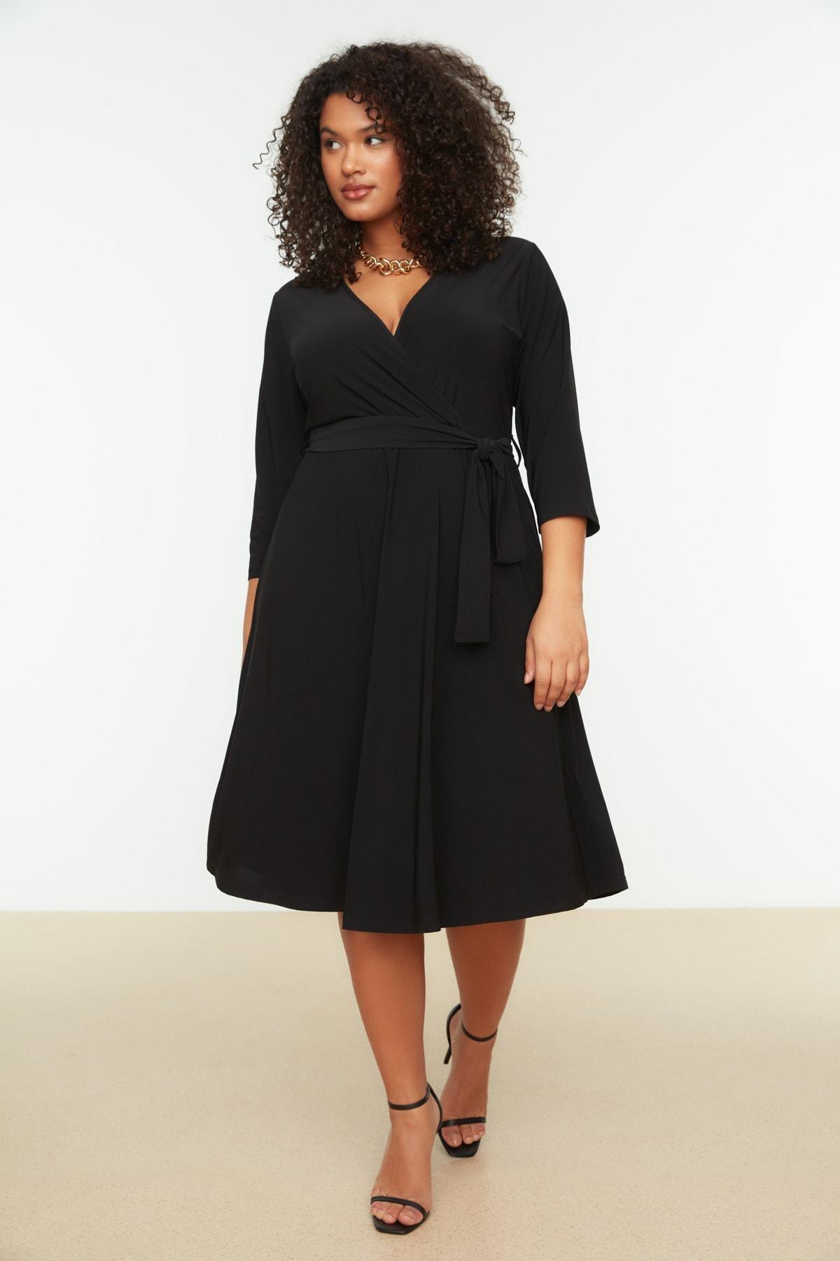 Black A-Line Plus Size Midi Dress, Black, medium