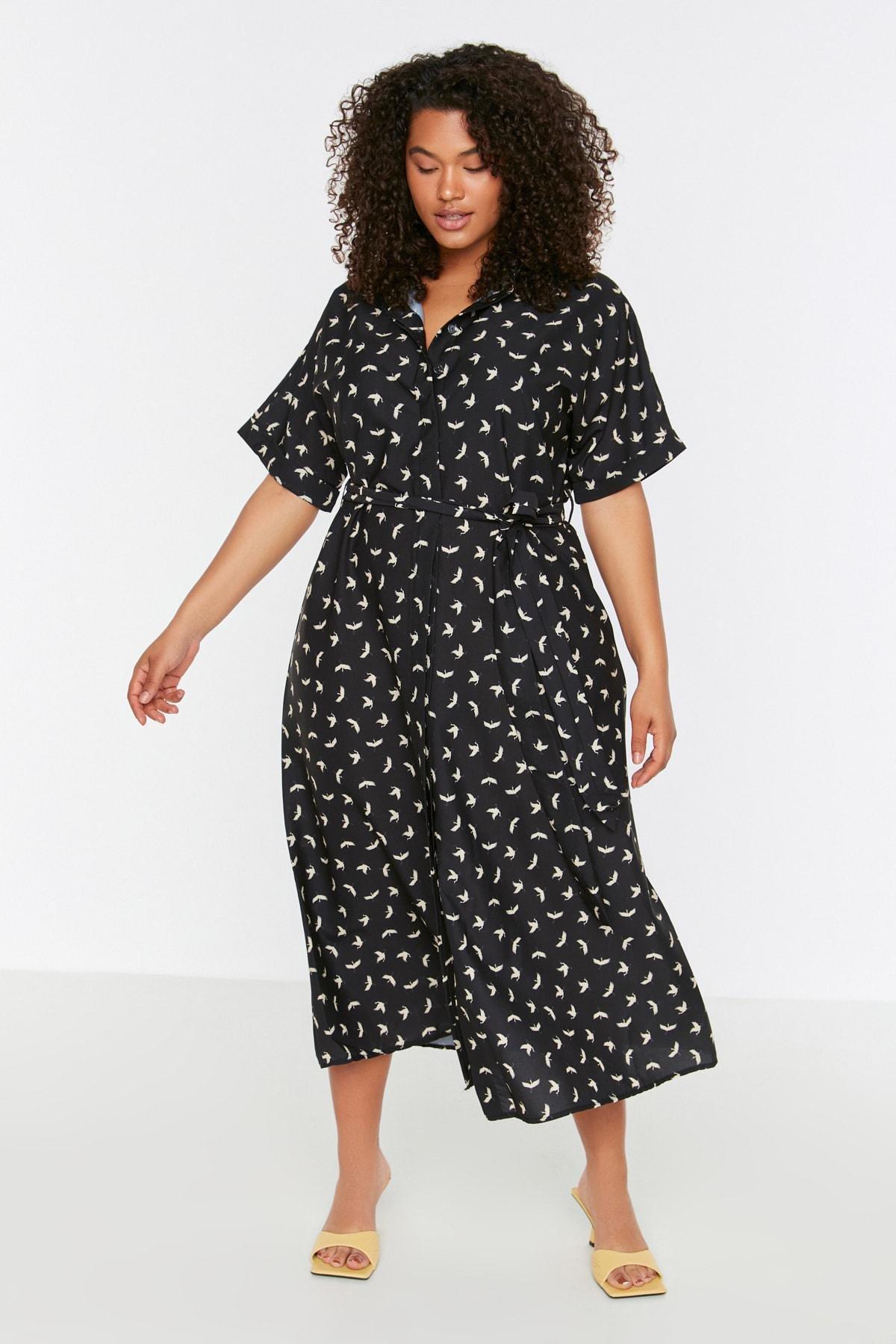 Black Shirt Dress Plus Size Midi Dress, , large image number 0