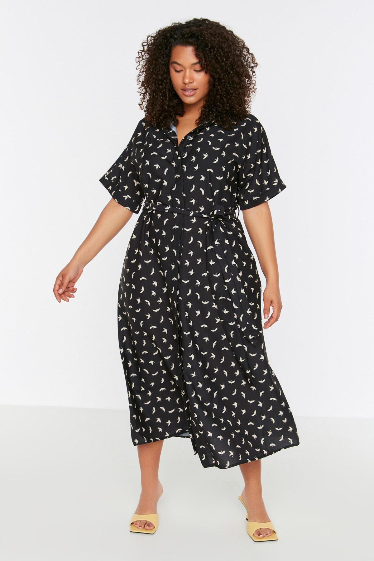 Trendyol - Black Shirt Dress Plus Size Midi Dress