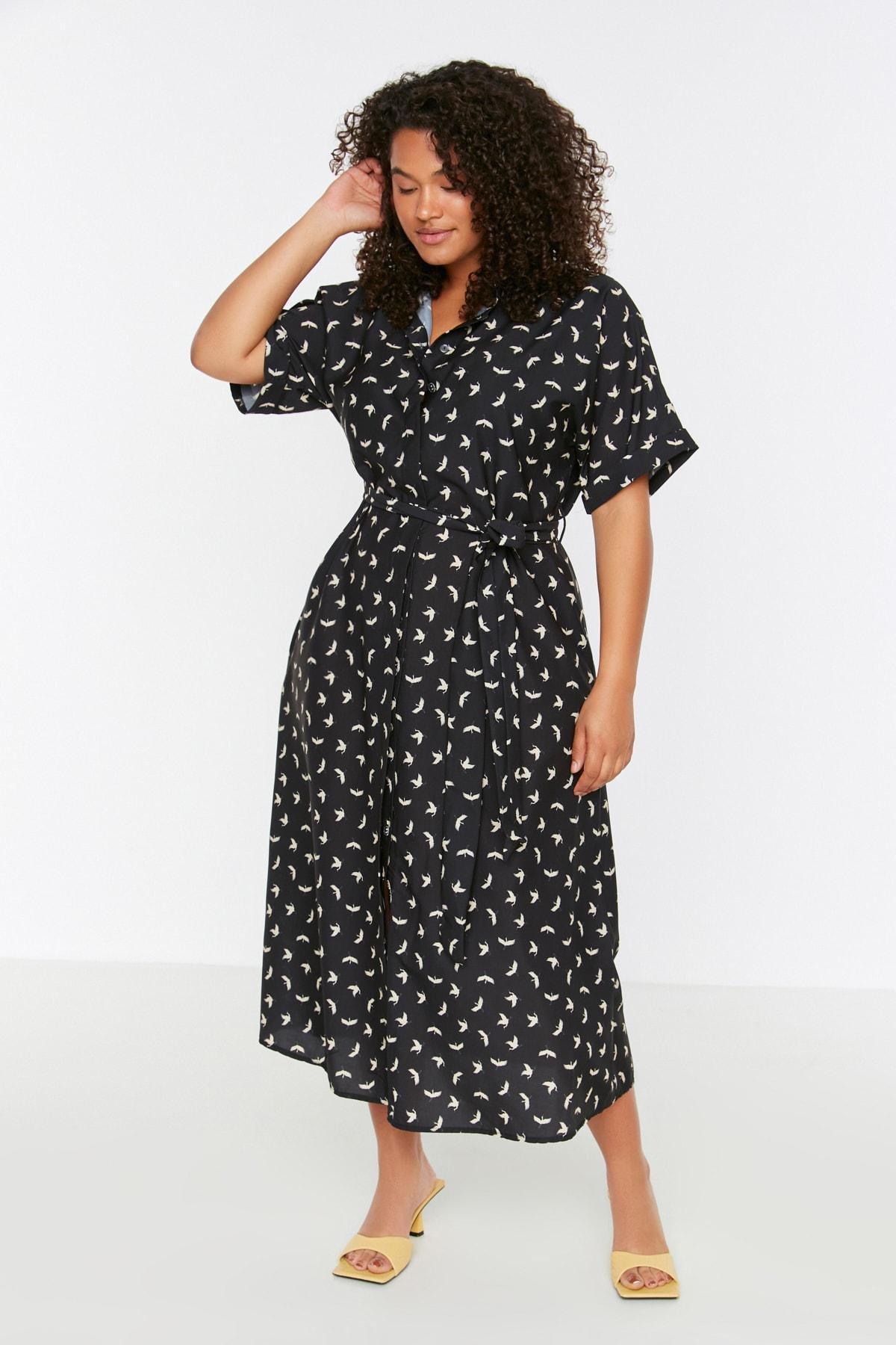 Trendyol - Black Shirt Dress Plus Size Midi Dress