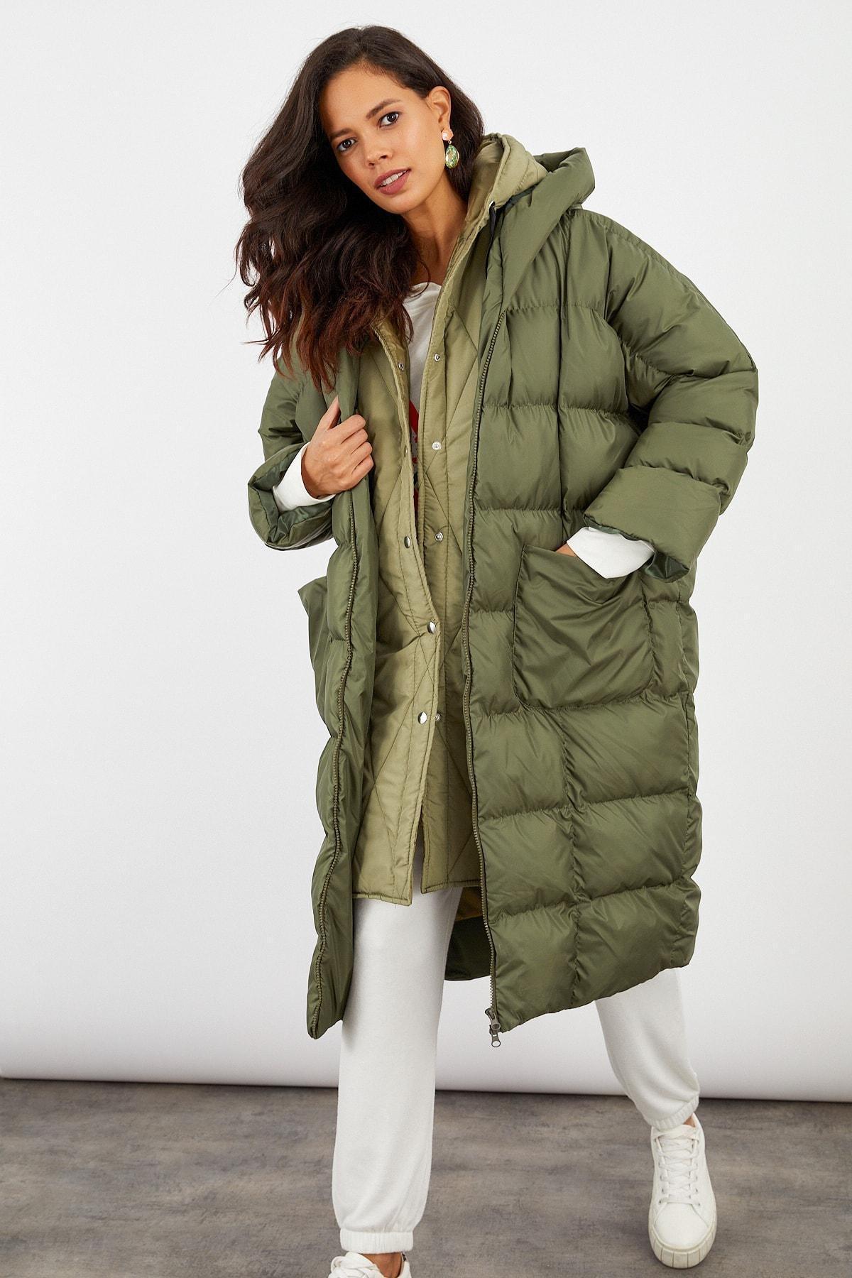 Khaki Hooded Puffer Jacket, , large image number 1