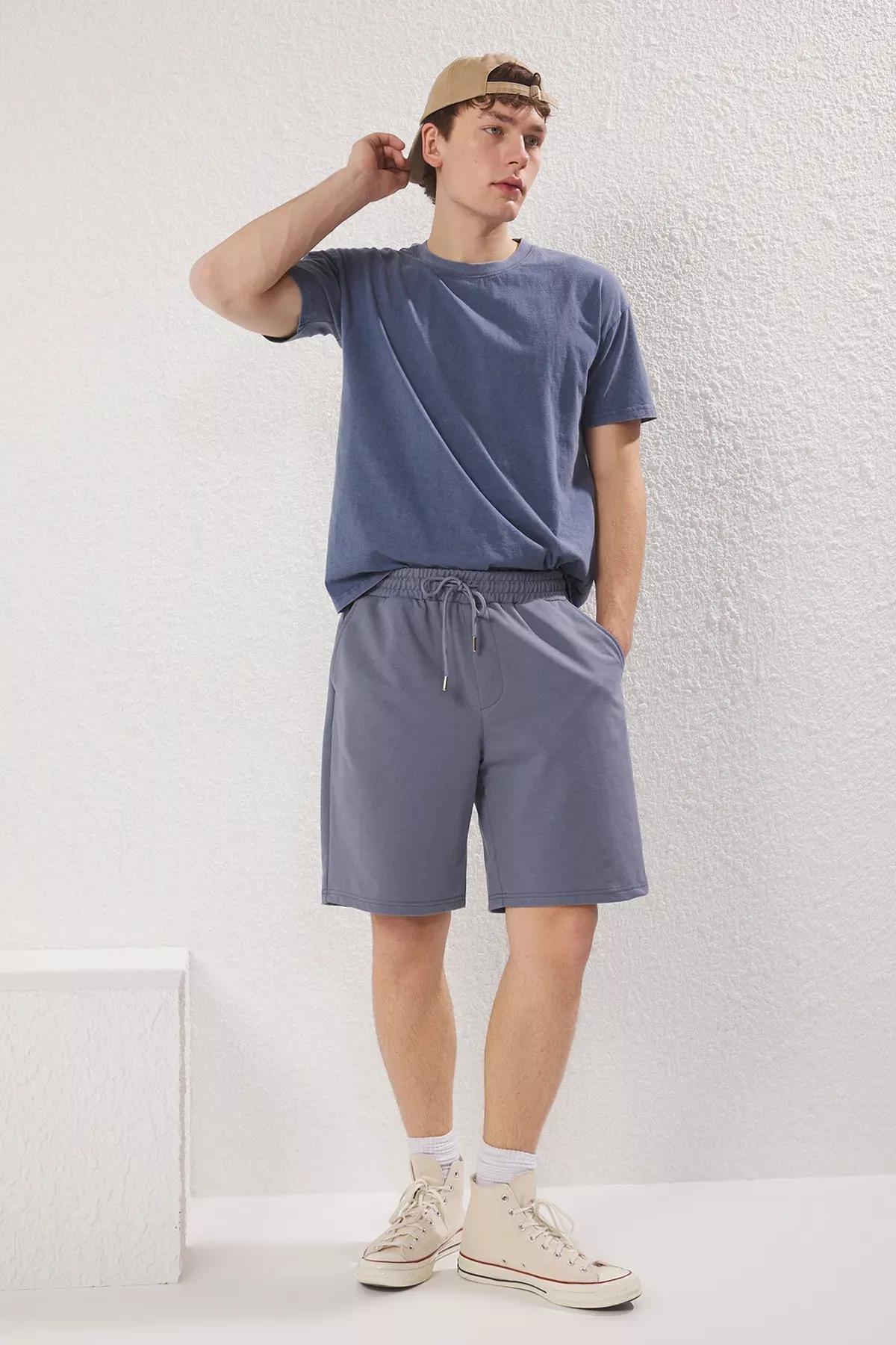 Blue Elastic Waist Lace-Up Shorts, , large image number 0
