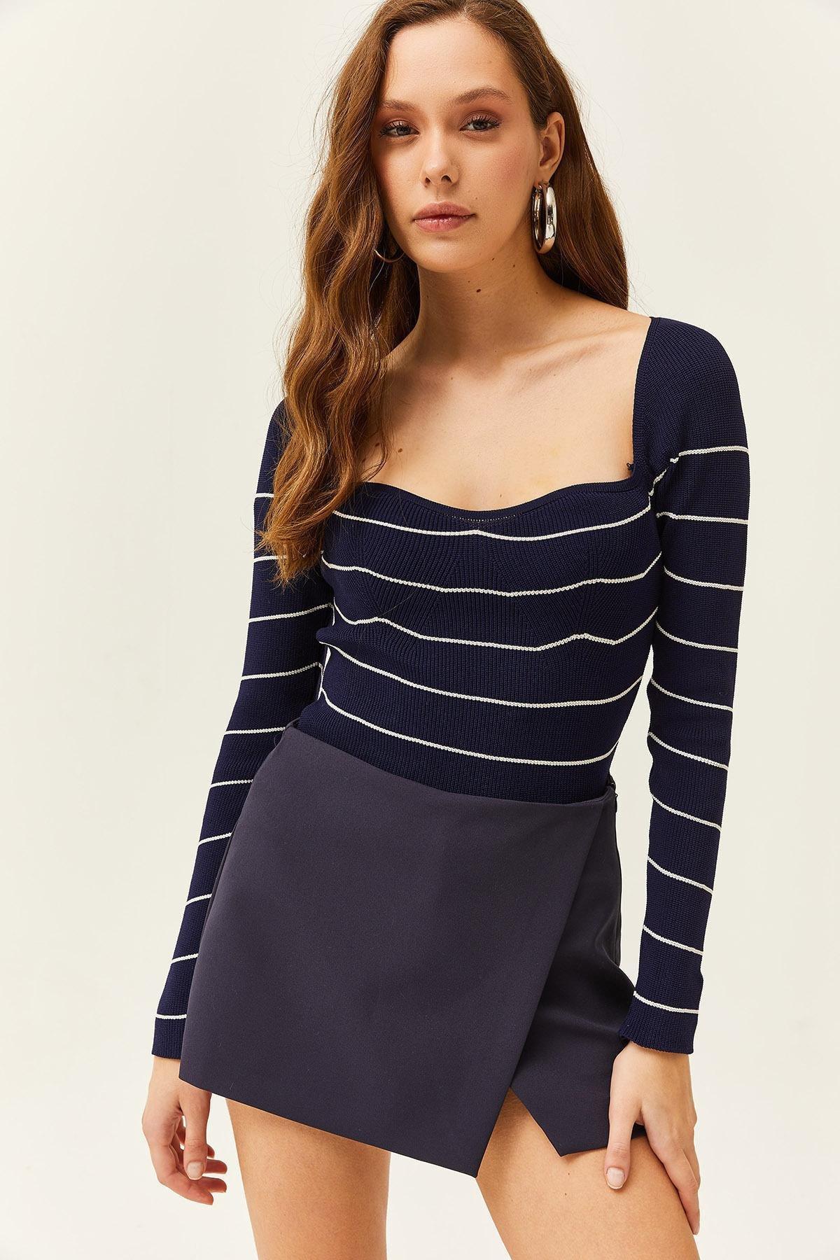 Blue Striped Crop Knitwear Blouse, C101_3838, large image number 1