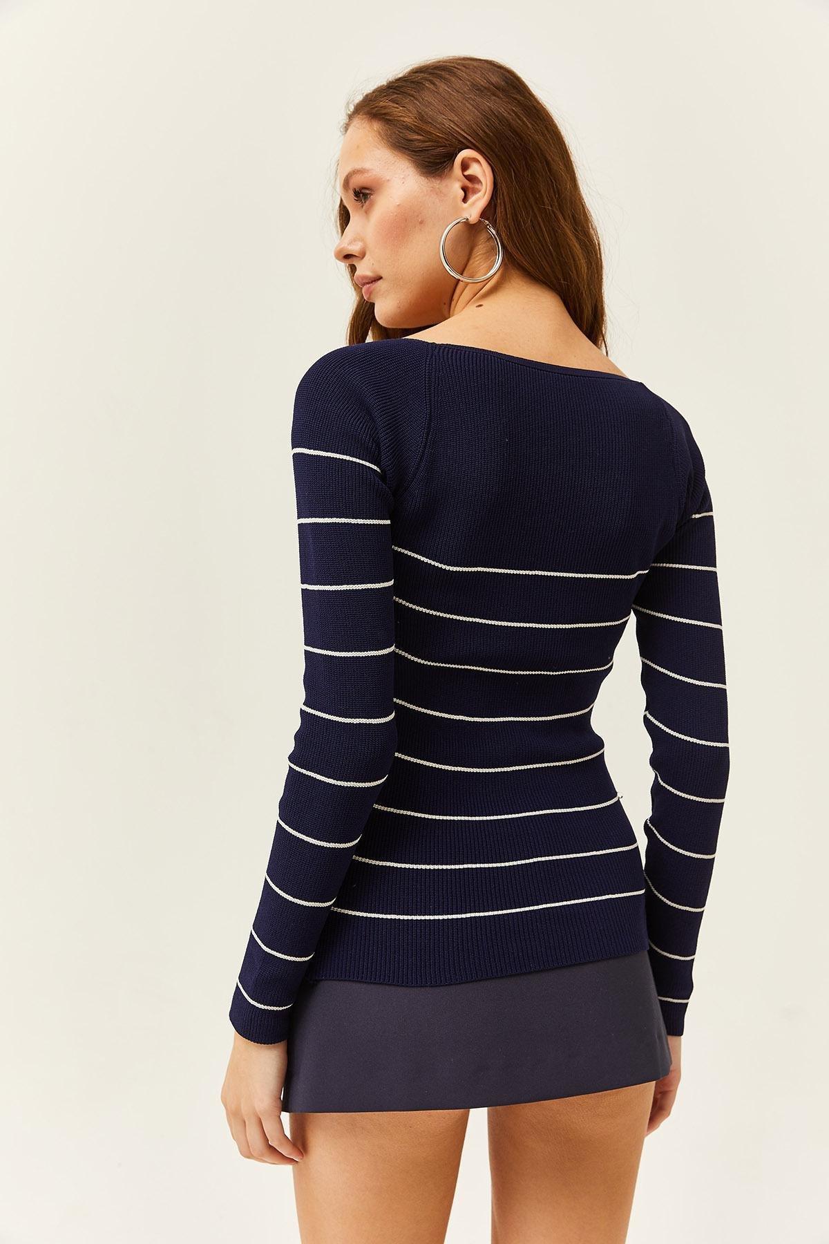 Blue Striped Crop Knitwear Blouse, C101_3838, large image number 4