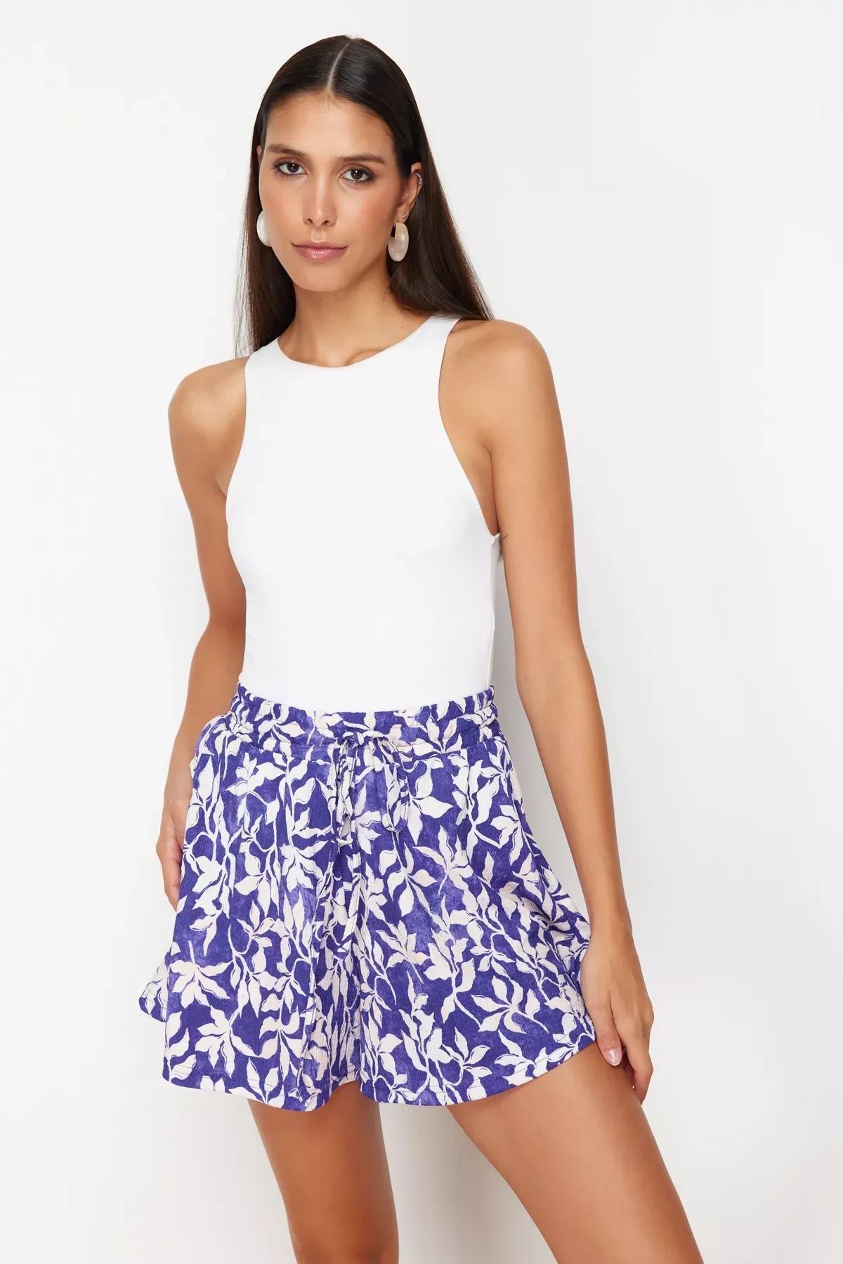 Purple Patterned Textured Knitted Shorts, , medium