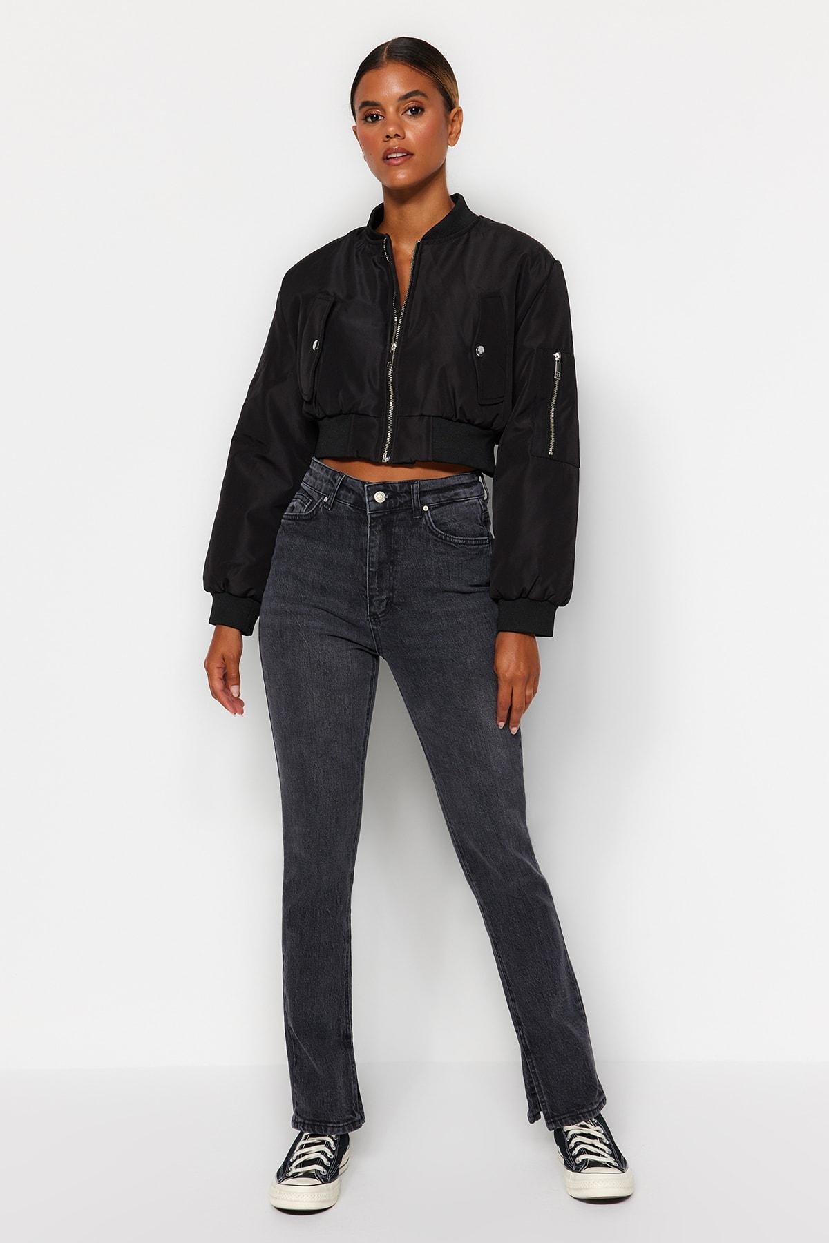 Black Denim Bootcut Jeans, Black, large image number 0