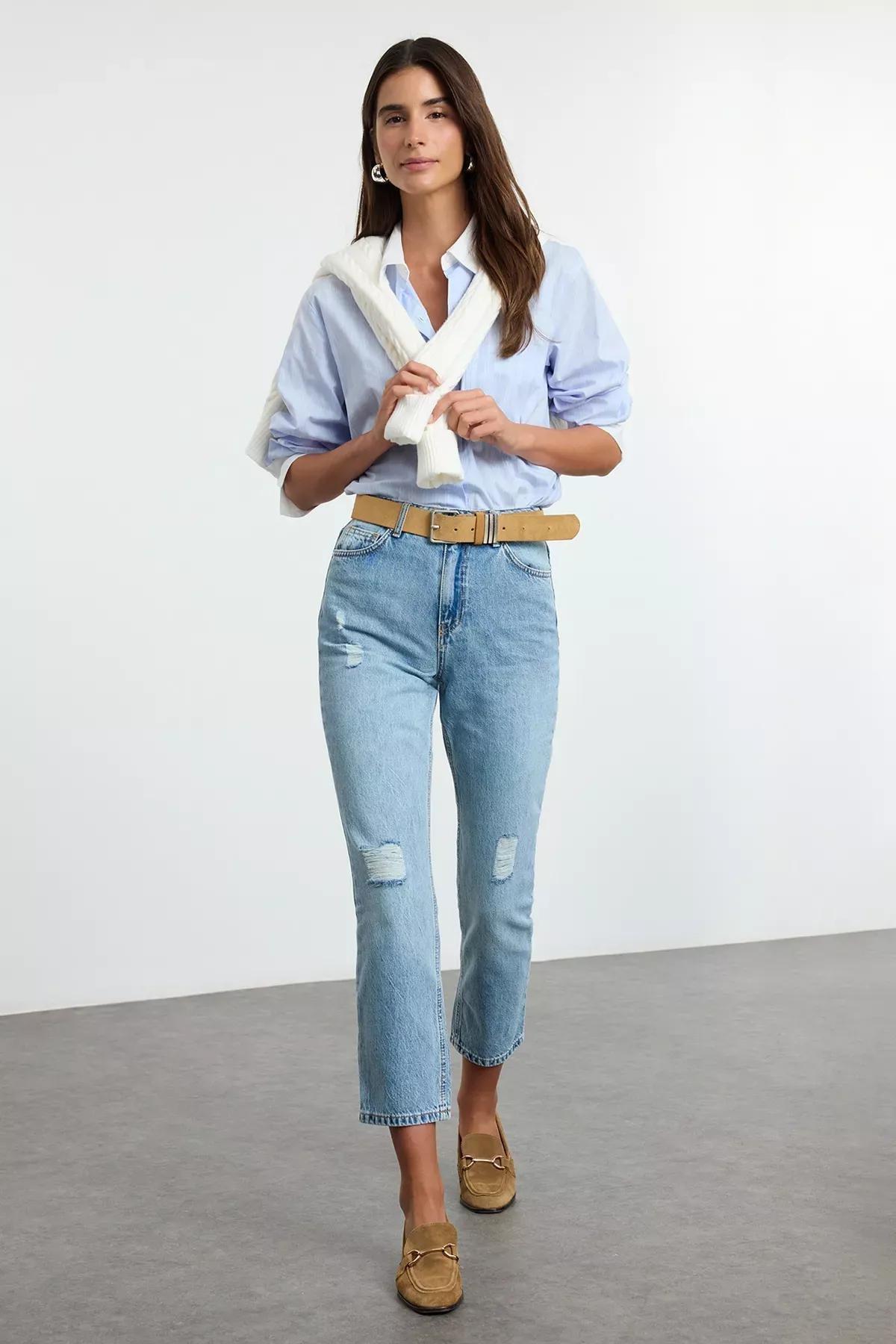 Blue Ripped Straight Fit Jeans, , large image number 0