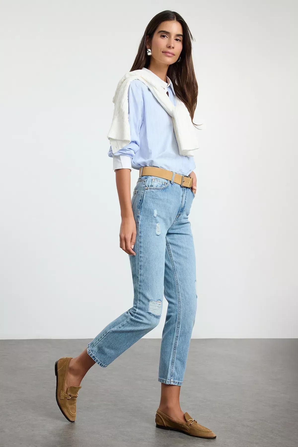 Blue Ripped Straight Fit Jeans, , large image number 1