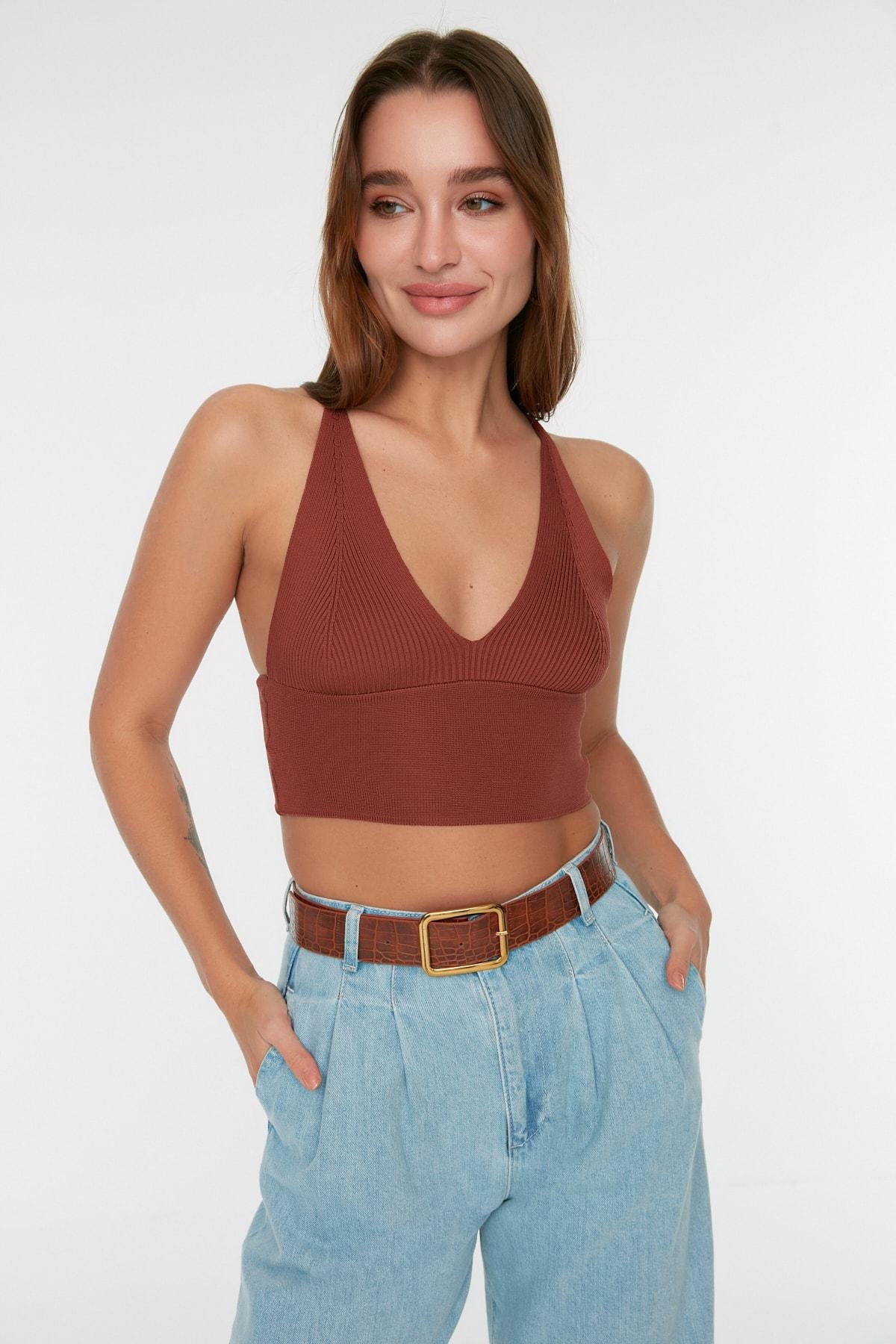 Brown Fitted V-Neck Blouse, , large image number 0