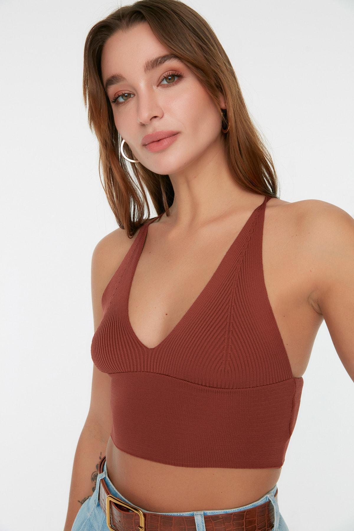 Brown Fitted V-Neck Blouse, , large image number 1