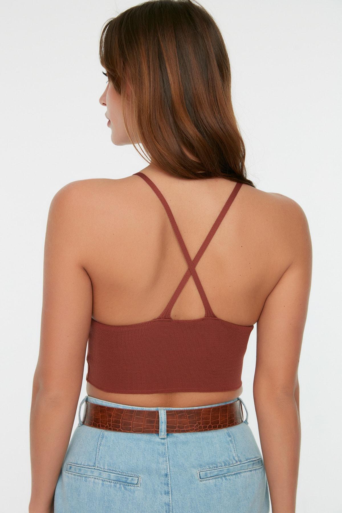 Brown Fitted V-Neck Blouse, , large image number 4