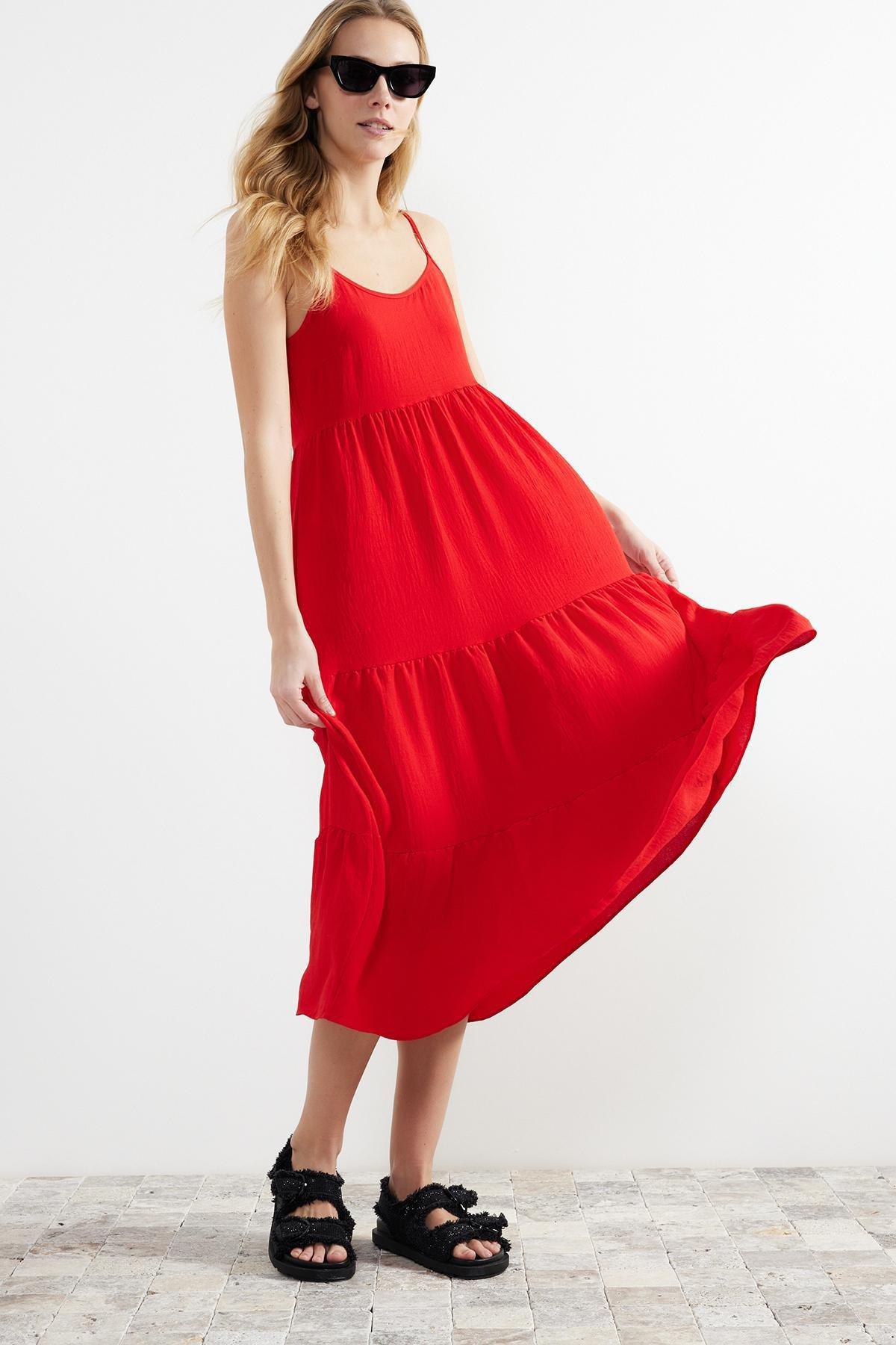 Red Woven Midi Dress, , large image number 0