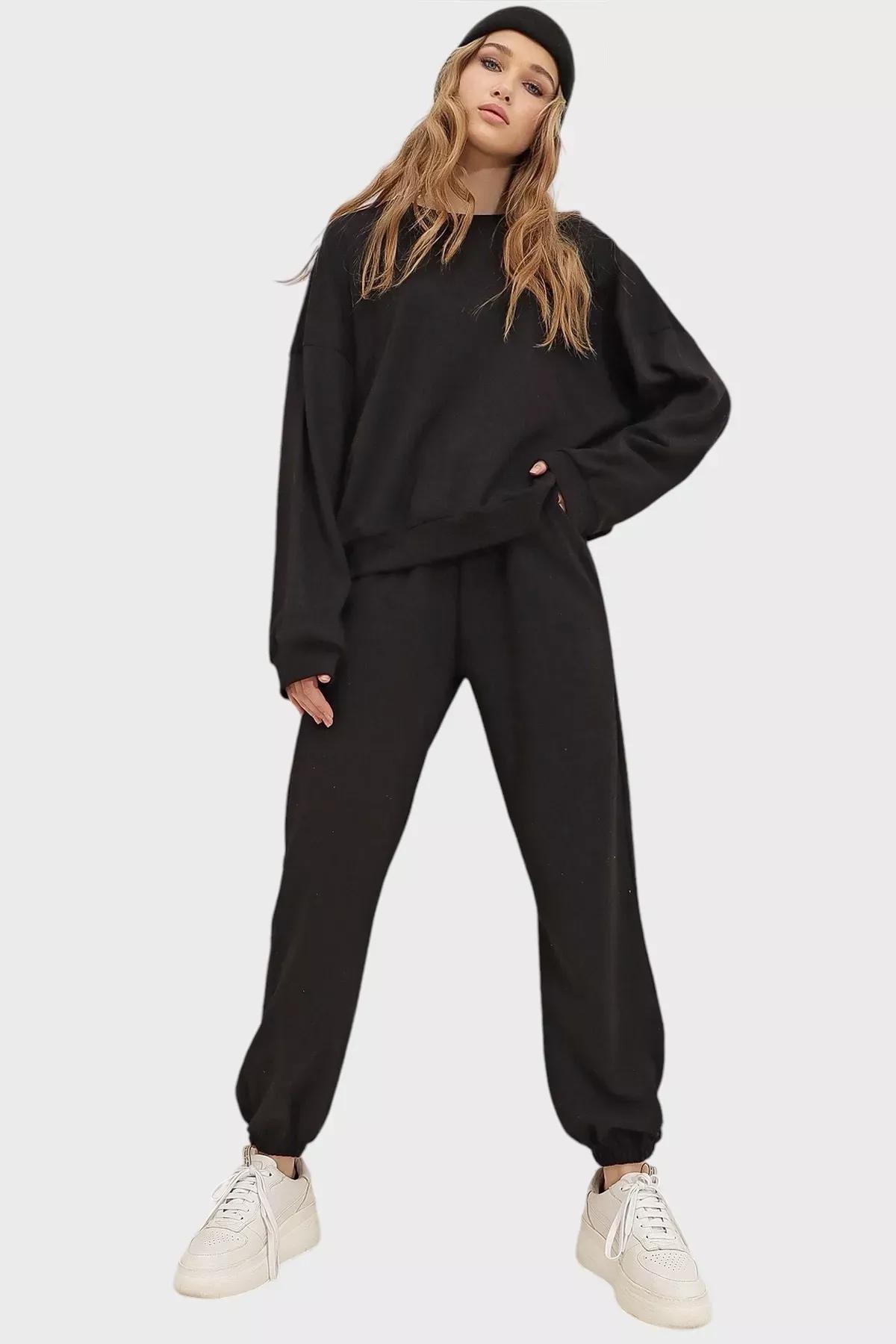 Black Crew Neck Sweatsuit, Black, medium