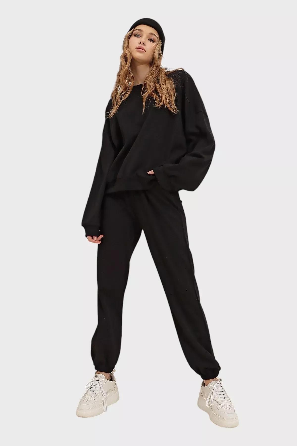 Black Crew Neck Sweatsuit, Black, medium