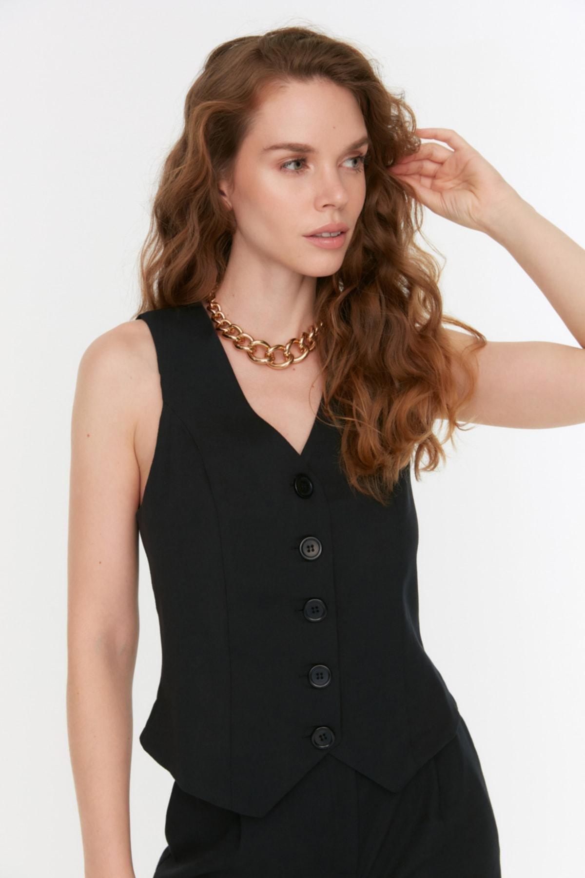 Black Puffer V-Neck Vest, , large image number 0