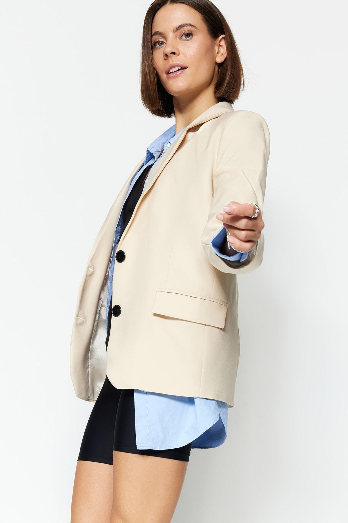 Beige Regular Lapel Collar Jacket, , large image number 2