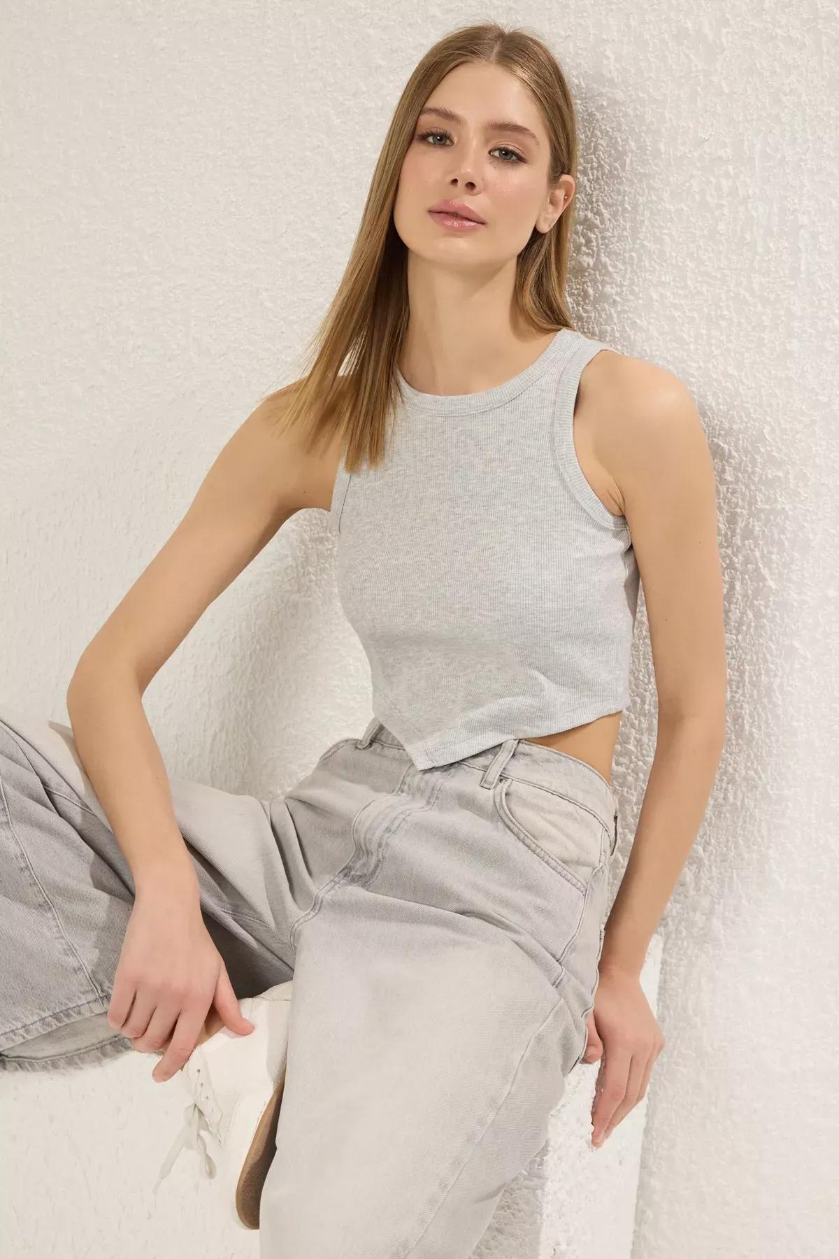 Grey Melange Asymmetric Super Crop Tank Top, , large image number 0