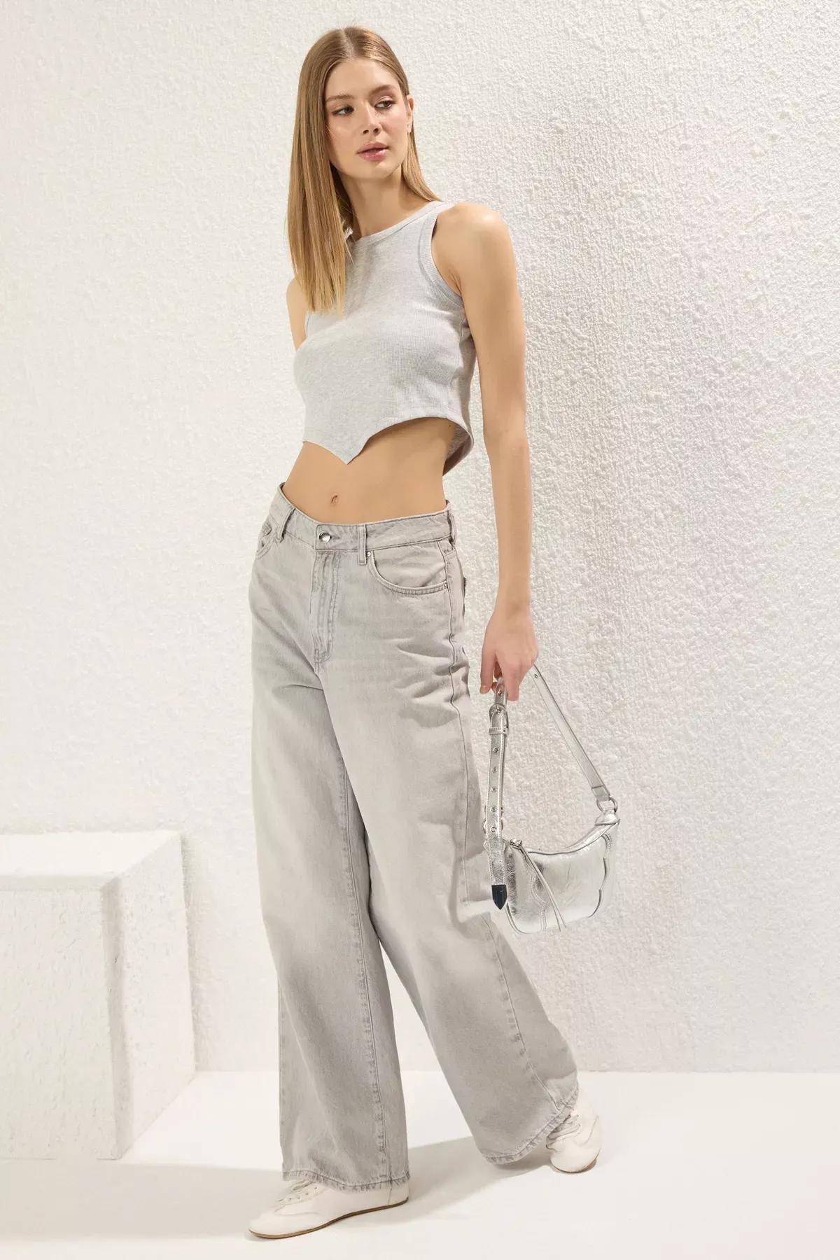 Grey Melange Asymmetric Super Crop Tank Top, , large image number 1
