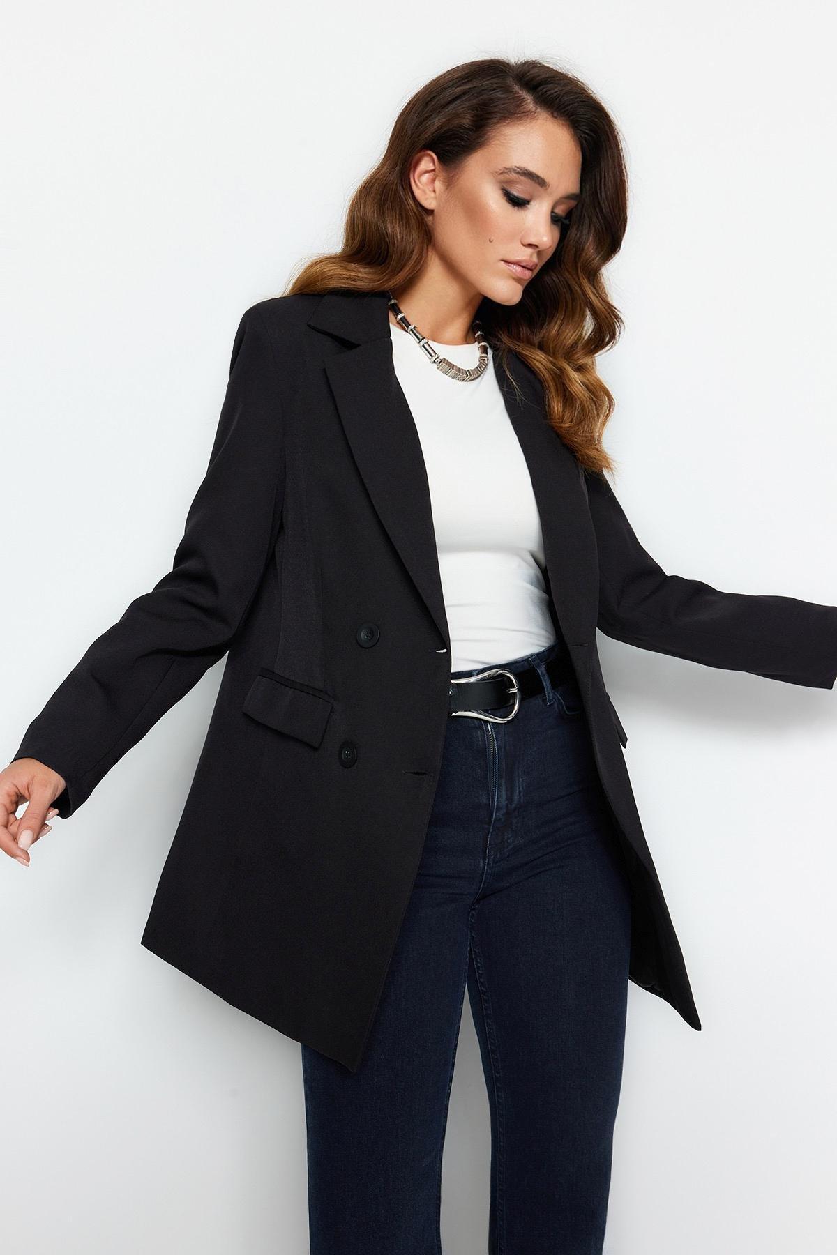 Black Regular Lapel Collar Jacket, , large image number 0