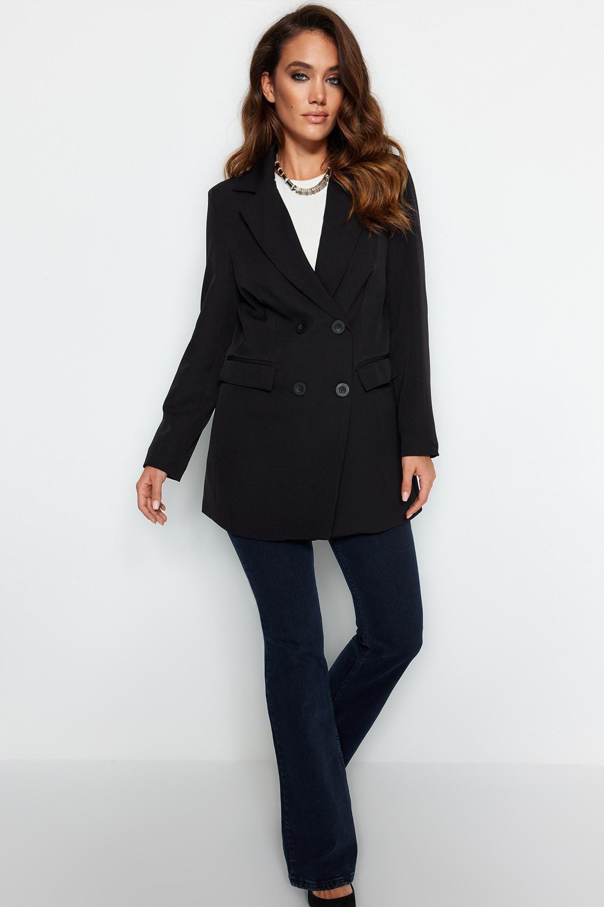 Black Regular Lapel Collar Jacket, , large image number 2