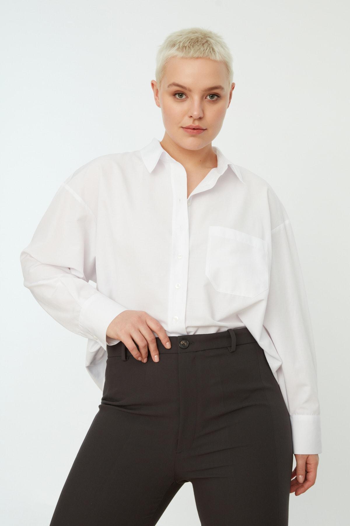 White Plus Size Collared Shirt, , large image number 0