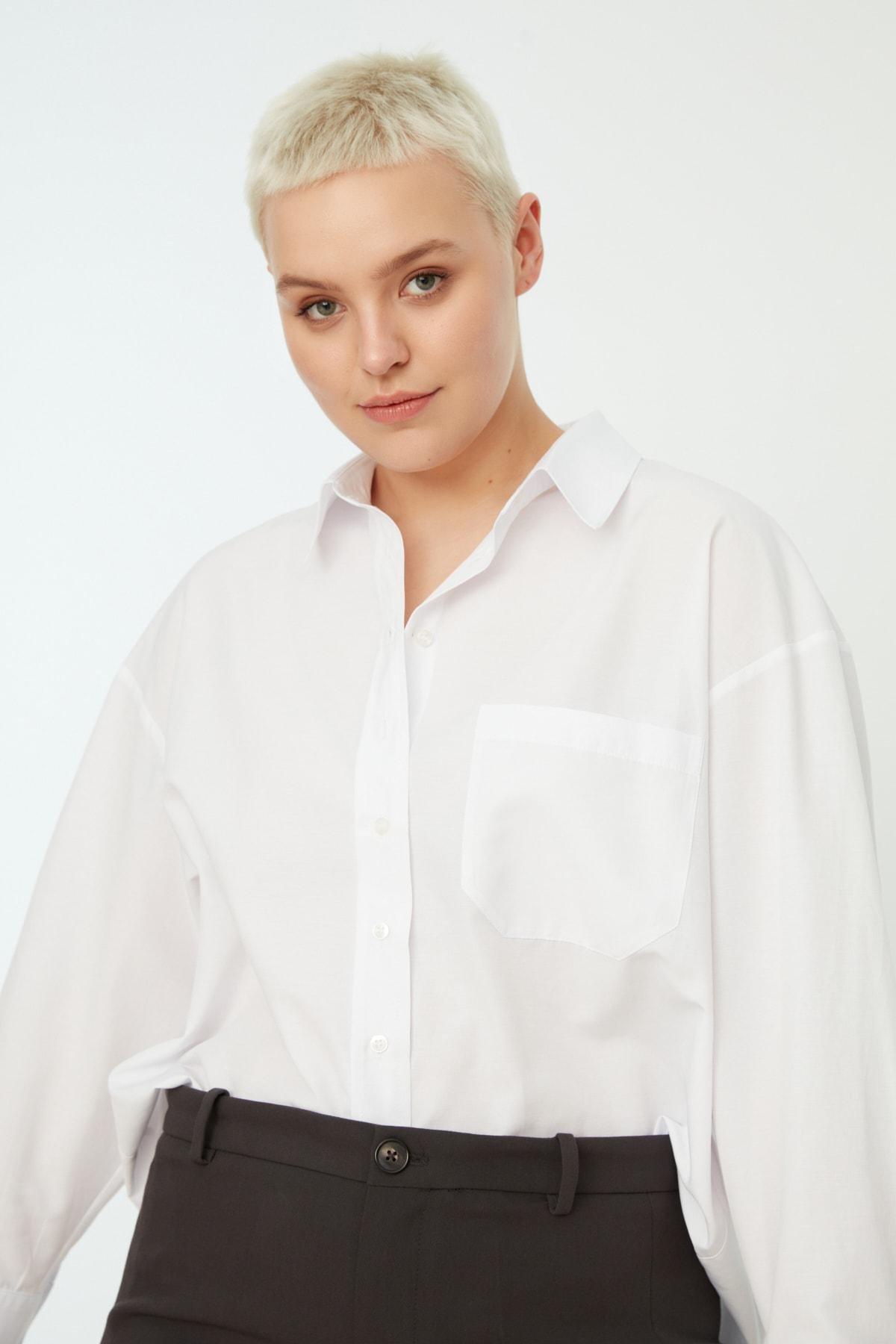 White Plus Size Collared Shirt, , large image number 1